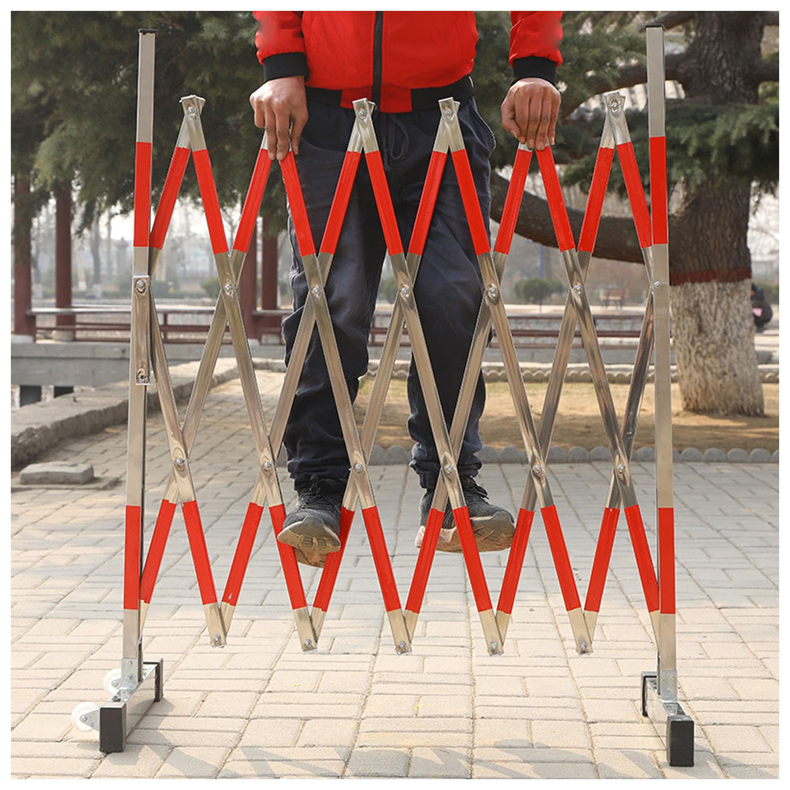 Barrera de metal expandible de 1,2 x 3 m, valla de seguridad plegable con ruedas, puerta de seguridad industrial, barrera de control de acceso flexible roja para eventos y obras de construcción