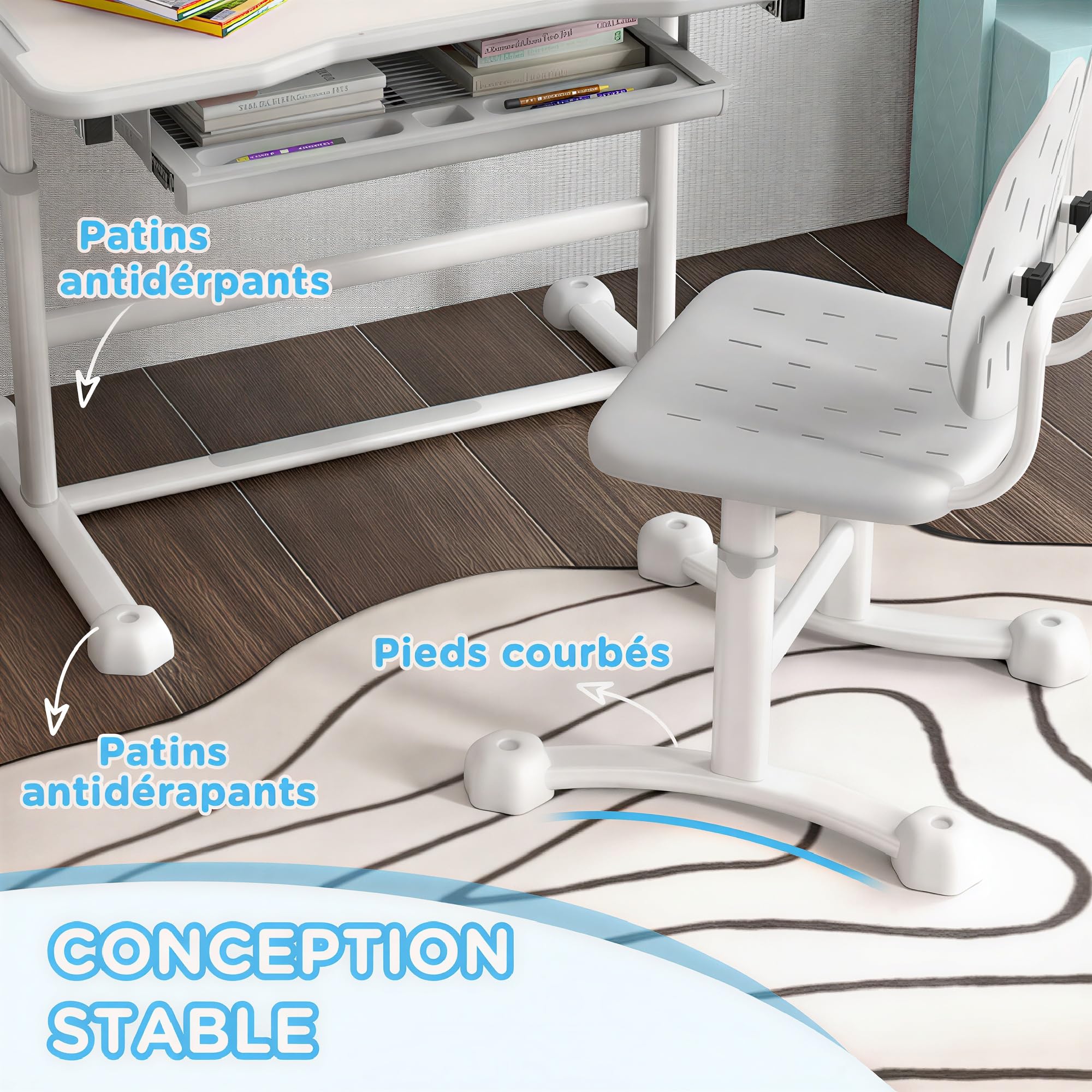 AIYAPLAY Bureau Enfant avec Chaise, Ensemble Bureau et Chaise pour Enfants avec Plateau inclinable 45°, Hauteur réglable, Gris