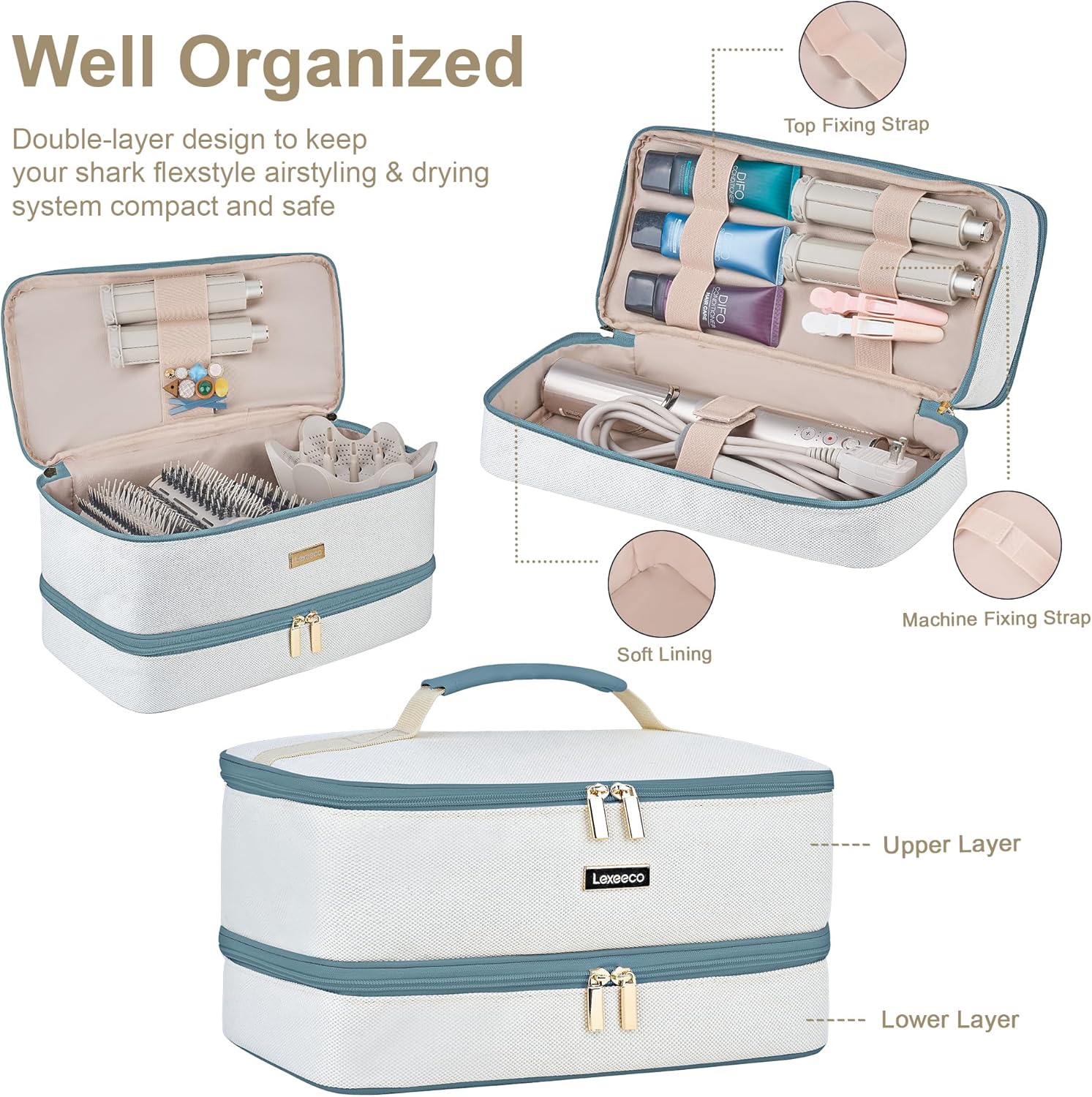 Travel Carrying Case for Shark FlexStyle Attachments & Dyson Airwrap, Hair Dryer Case, Double Layer, Teal - Image 2