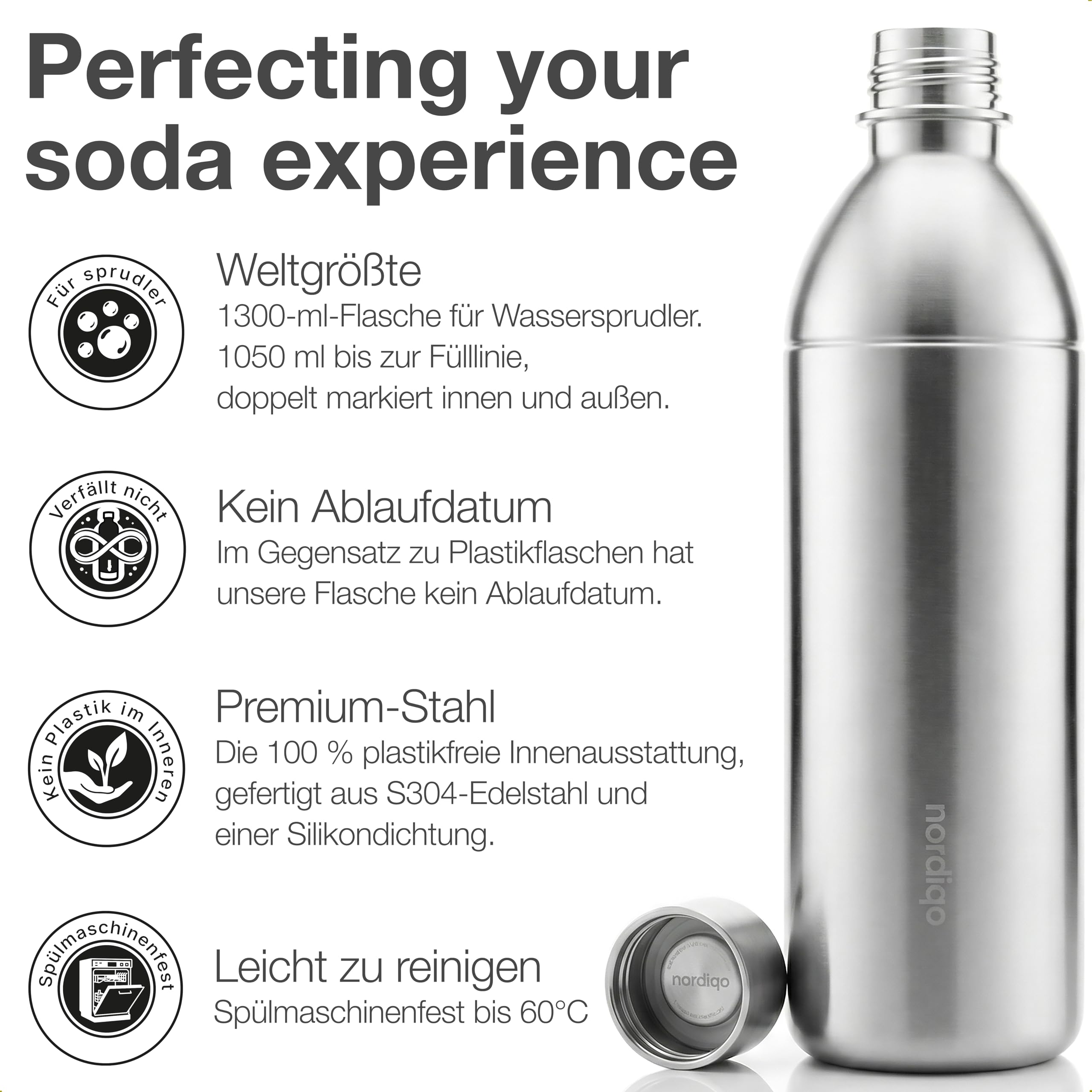 Edelstahlflasche 1.3L für Aarke Carbonator 3 & SMEG, 2-Set | BPA-frei. Auslaufsicher. Füllmarkierung innen & außen. Kein Ablauf. 1300ml. Anti-Fingerprint Stahl x 2