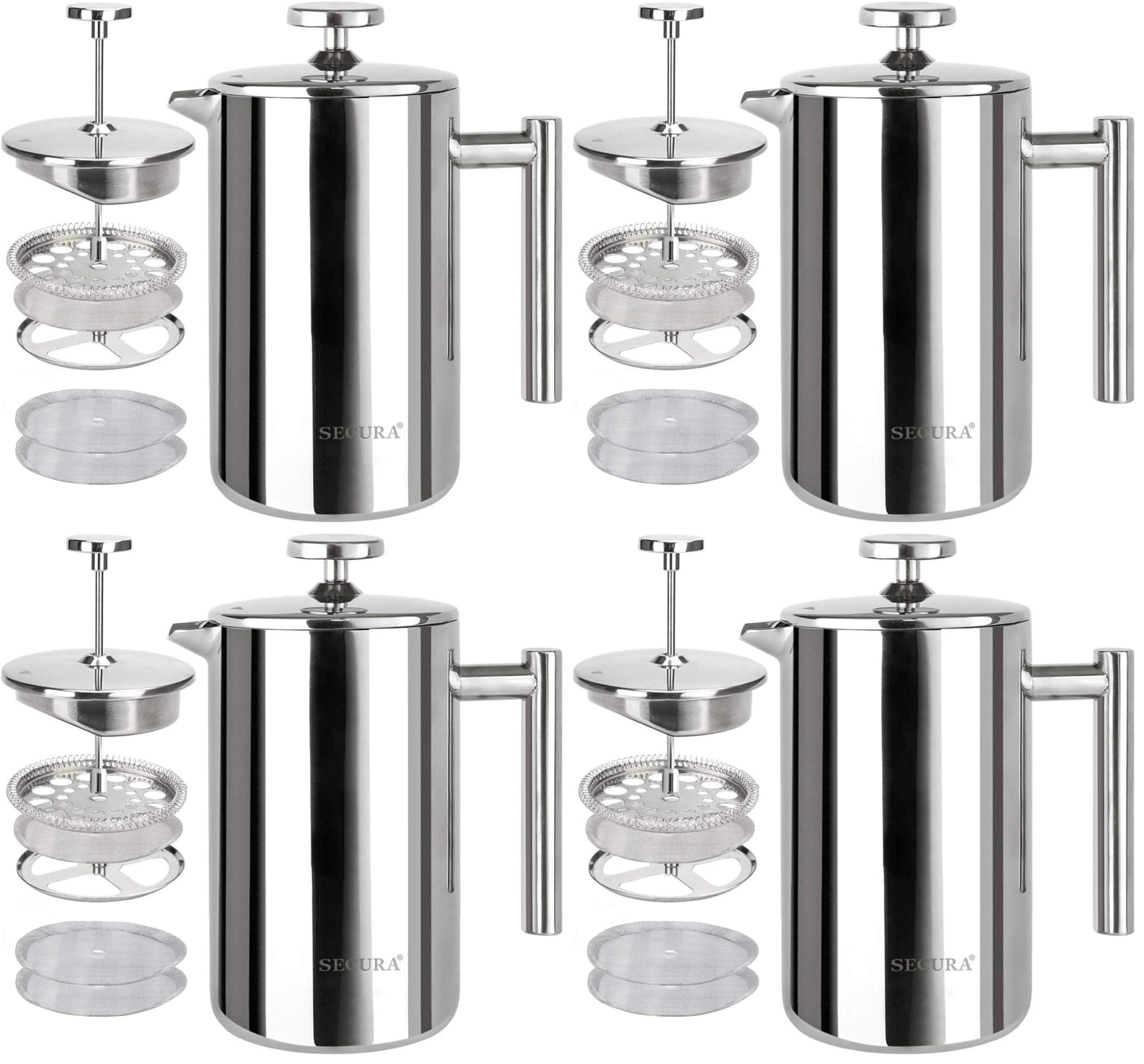 Secura French Press Coffee Maker, 304 Grade Stainless Steel Insulated Coffee Press with 2 Extra Screens, 12oz (0.35 Litre), Silver (Pack of 4)