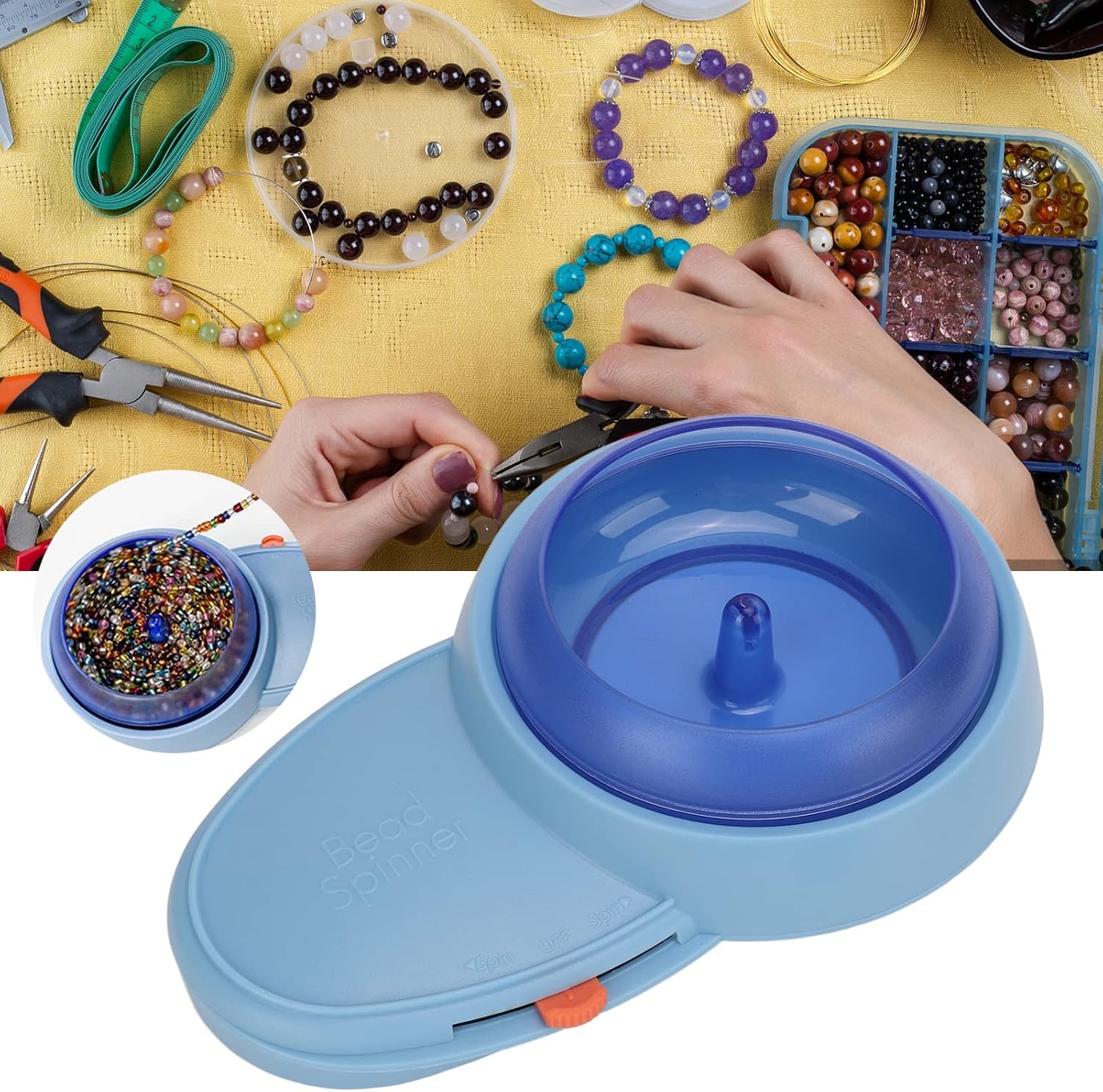 Electric Bead Spinner Kit - Large Capacity High Smoothness Bead Maker Bowl Spin Bead Loader for DIY Seed Beads, Waist Beads, Bracelets, Necklaces, Jewelry Making, Flip Top Design