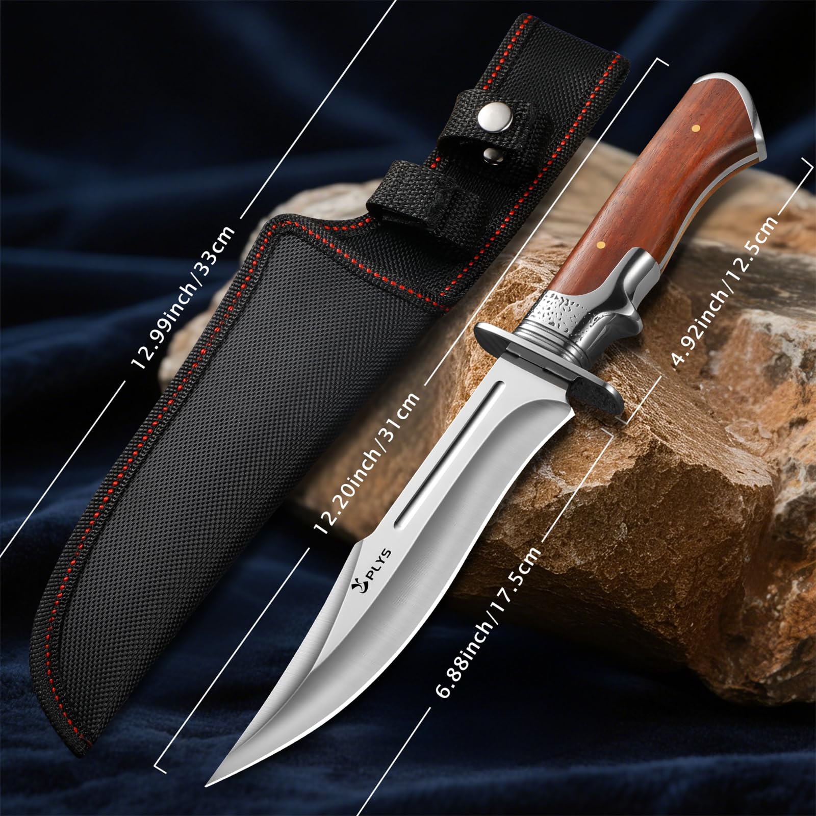 Plys Coltello da Caccia Lama Fissa: 17 Cm Coltello Bushcraft Professionale Coltelli Sopravvivenza con Fodero Manico in Legno