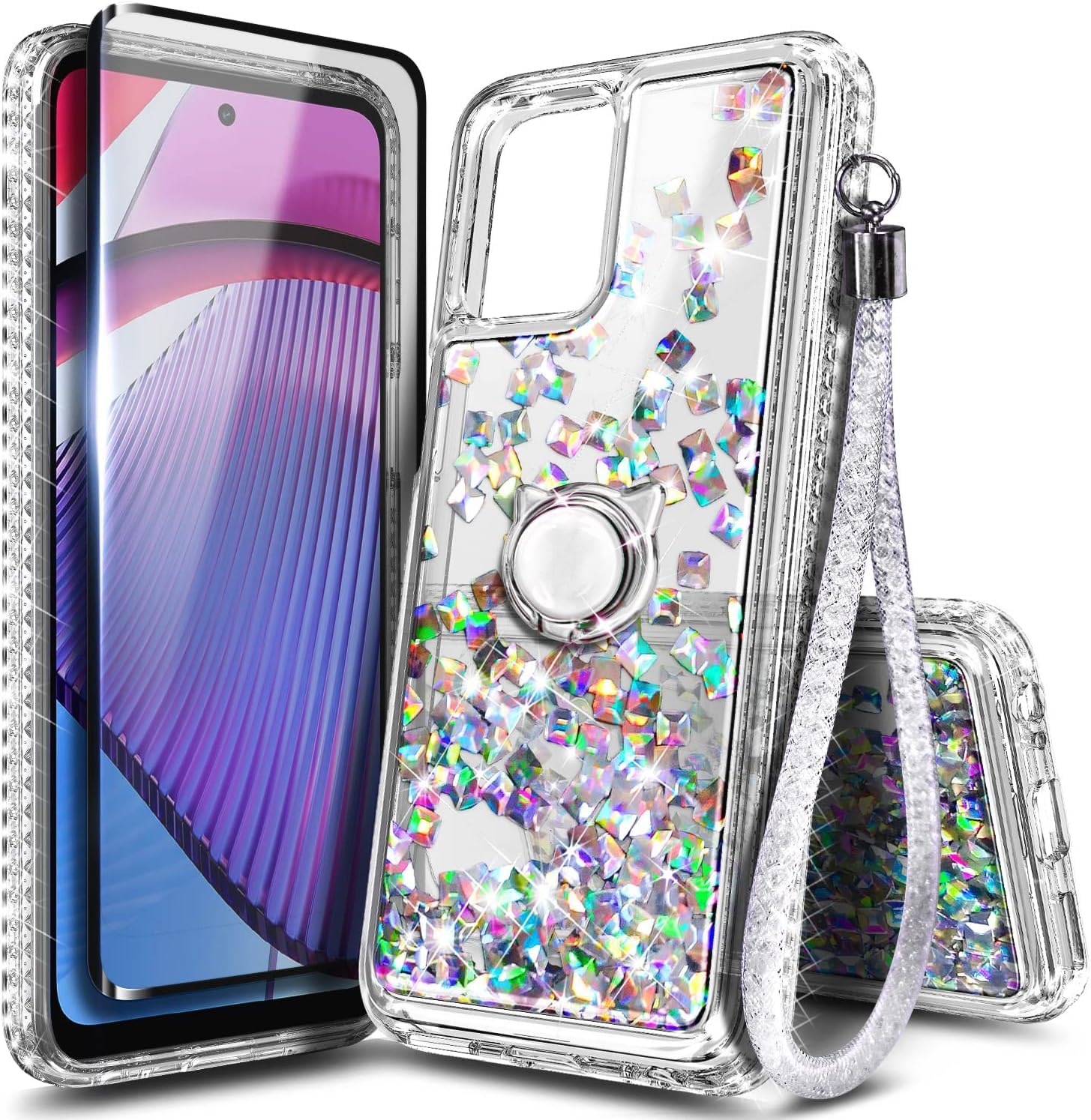 NGB Supremacy Designed for Motorola Moto G 5G (2023) Case with Tempered Glass Screen Protector (Maximum Coverage)/Ring Holder/Wrist Strap, Bling Glitter Liquid Girls Cute Case (Crystal Gem)