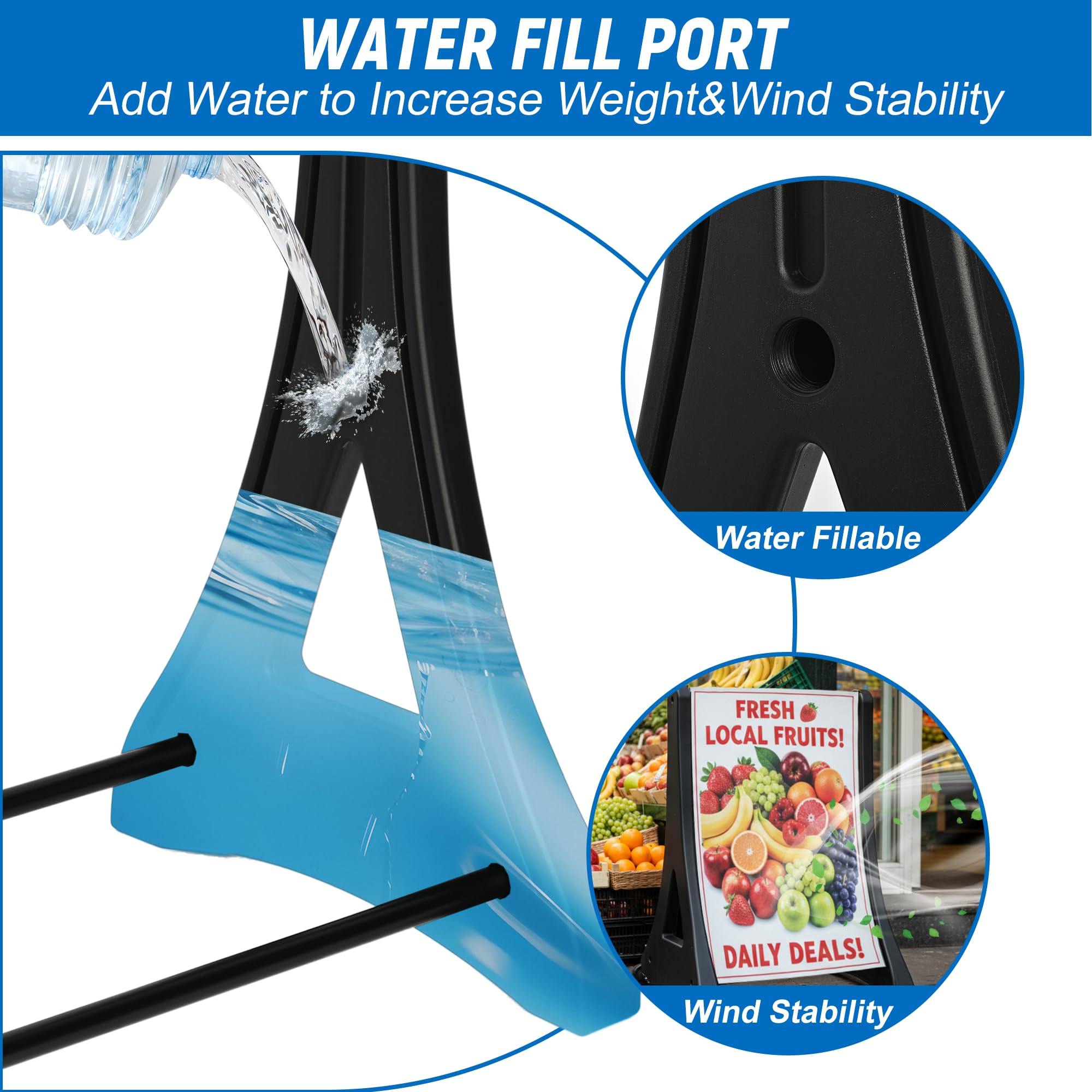 Letrero de acera con tablero de mensajes intercambiable, relleno de agua y resistente al viento (sin letras), cartel de póster de pavimento a base de agua