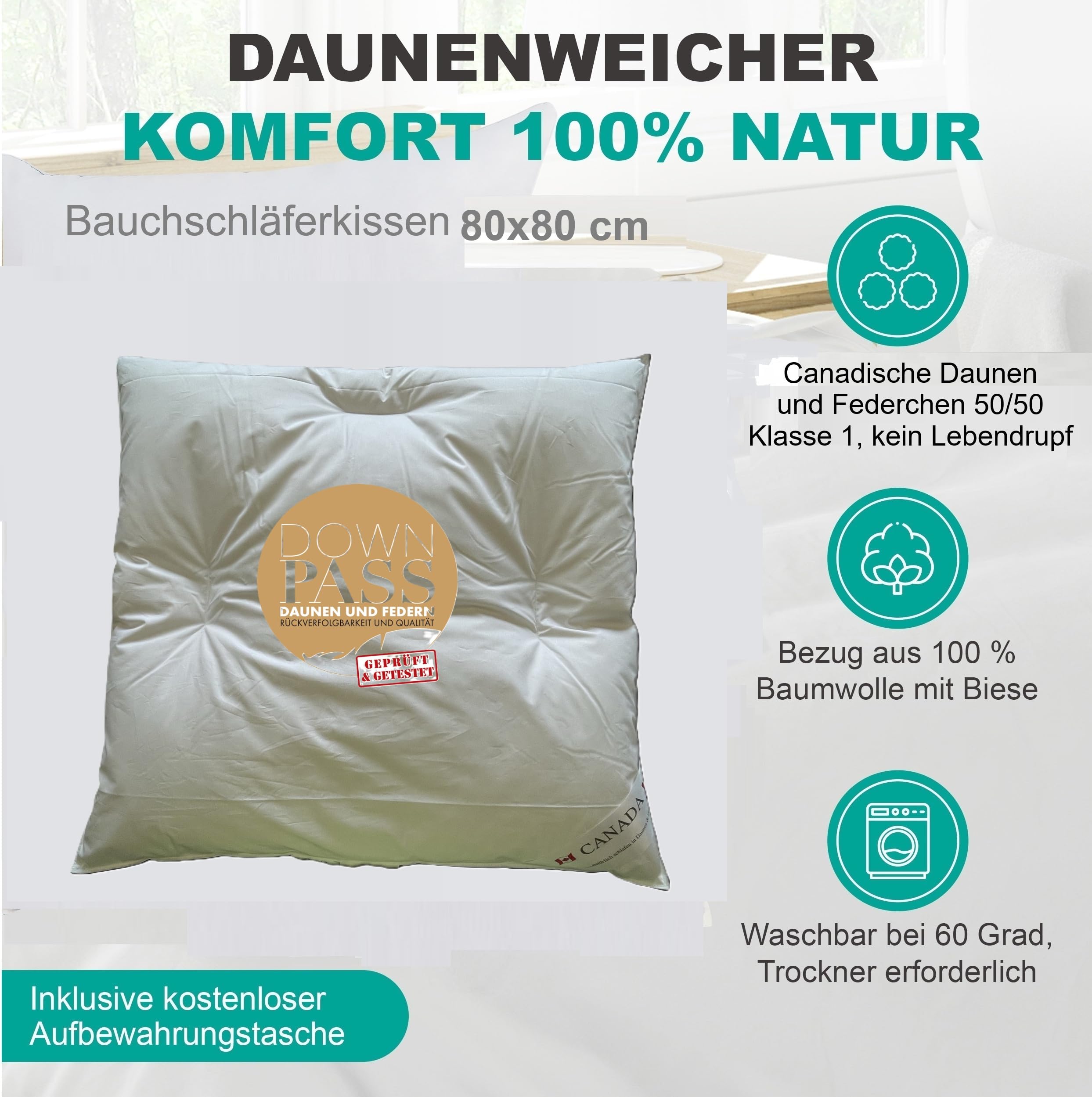 Bach's Betten Welt Mega Preis Canada Bauchschläferkissen Daunen- Federkissen 50/50 Soft Feeling 100% Natur DownPass NOMITE (80x80 cm)