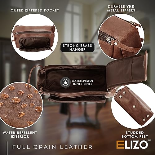 Miniatura 3 de Elizo Neceser de cuero para hombres y mujeres bolsa de aseo de viaje bolsa de viaje cosmética para artículos de tocador CoñacCrazy Tan