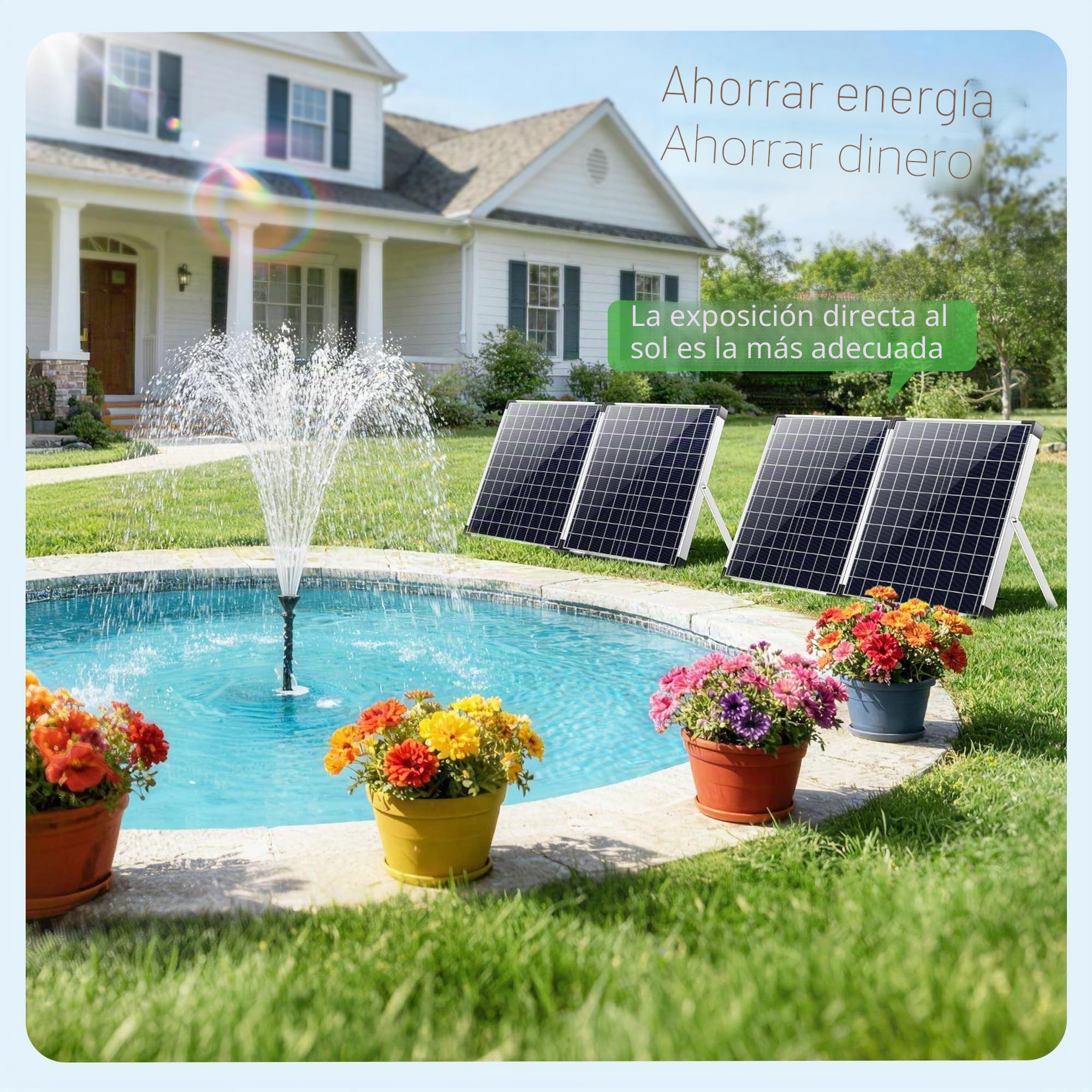 POPOSOAP Bomba solar para estanque de 120 W, 6000 l/h, para estanques de jardín, jardín acuático | Fuente solar con flujo ajustable, bomba de agua CC, paneles solares dobles, 3 boquillas de pulverización