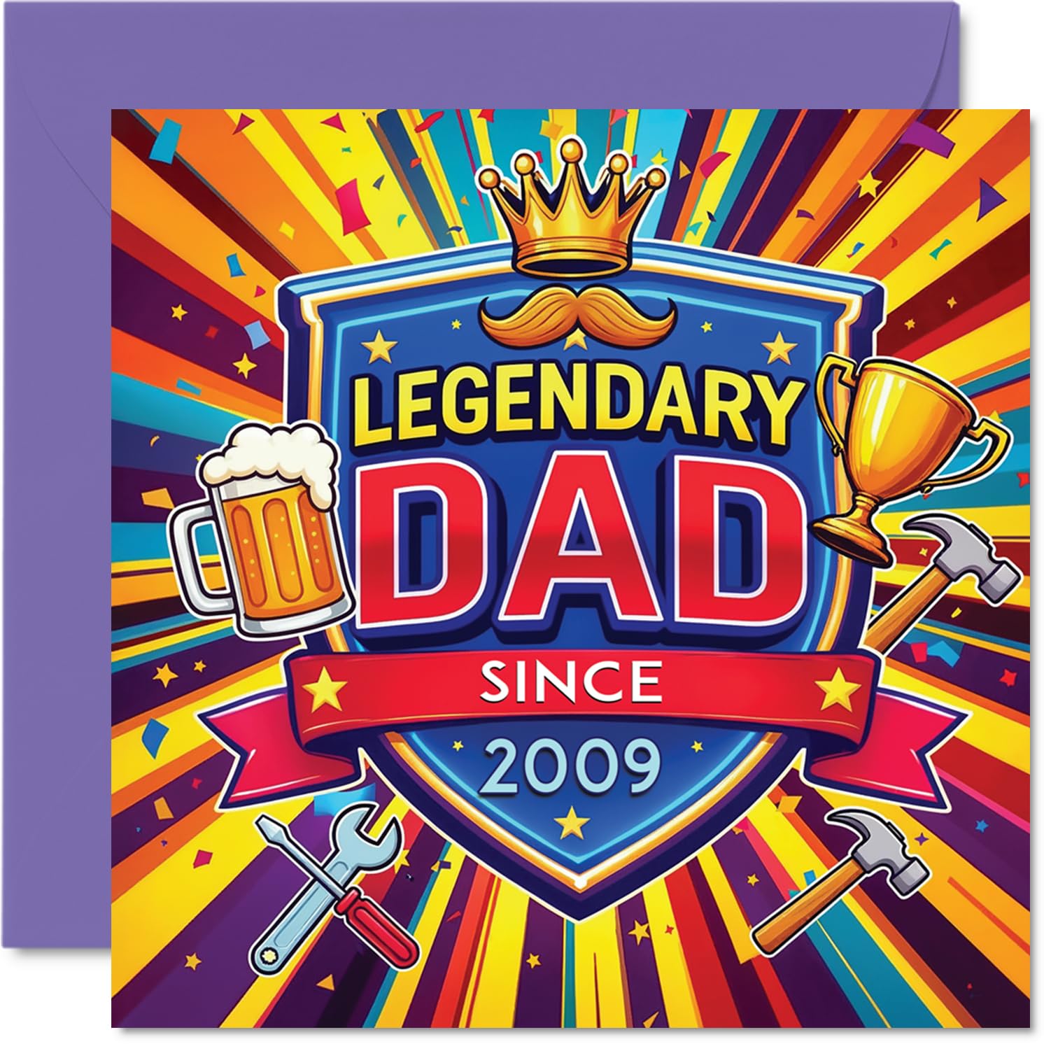 Playful Birthday Card - Legendary Dad Vibes - Trophy and Beer Celebration Design with Bold Colours, Father's Day - 145mm Square, Envelope Included