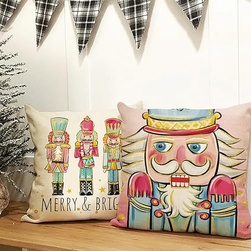 Miniatura 6 de Juego de 4 fundas de almohada decorativas con diseño de cascanueces de Feliz Navidad de 16 x 16 pulgadas, decoración de fundas de cojín de madera de