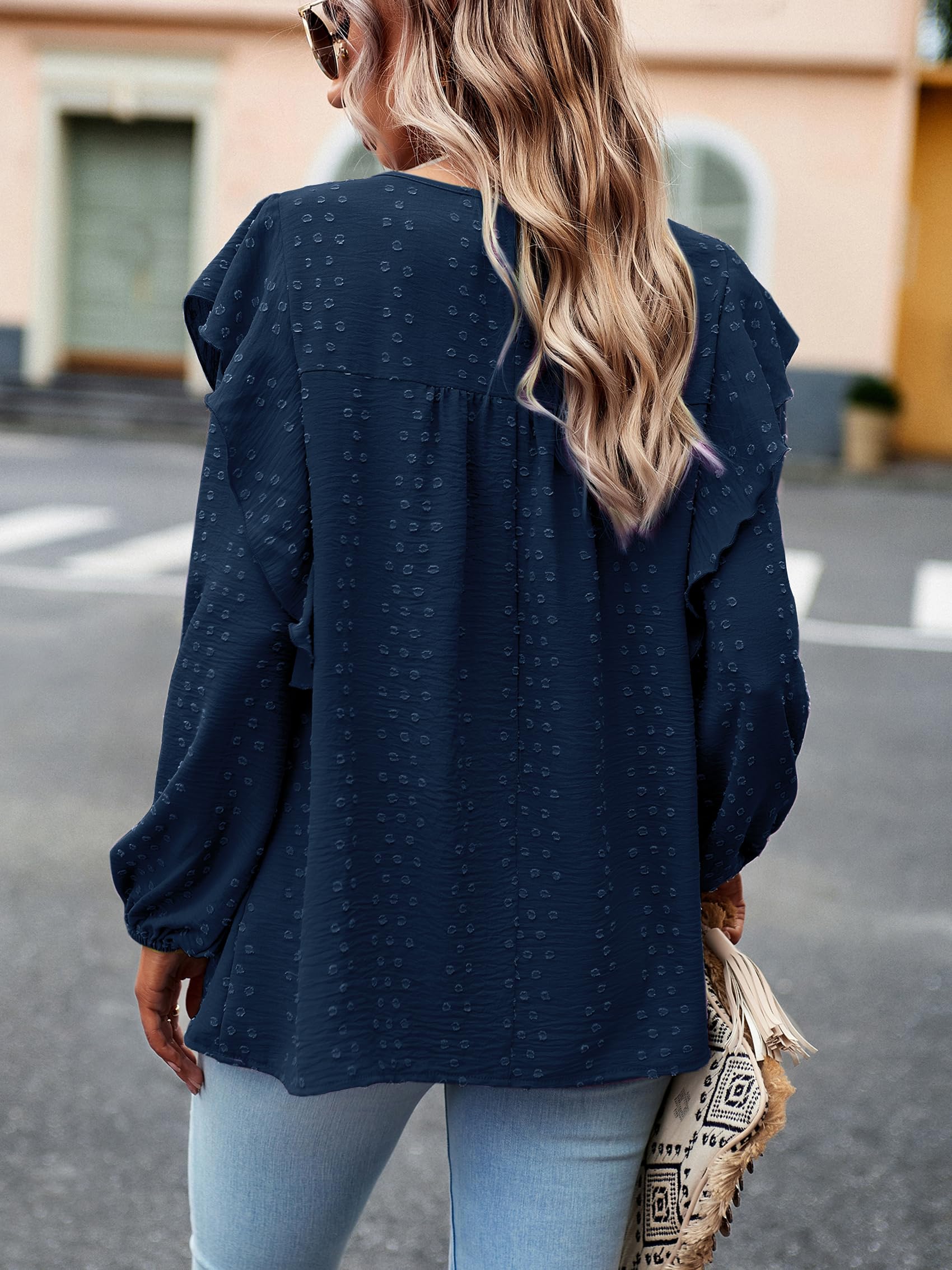 Blusas Túnicas para Mujer Elegante Mangas Volantes Swiss Dot Encaje Frente Plisado Streetwear Cuello Redondo Blusa Camisera