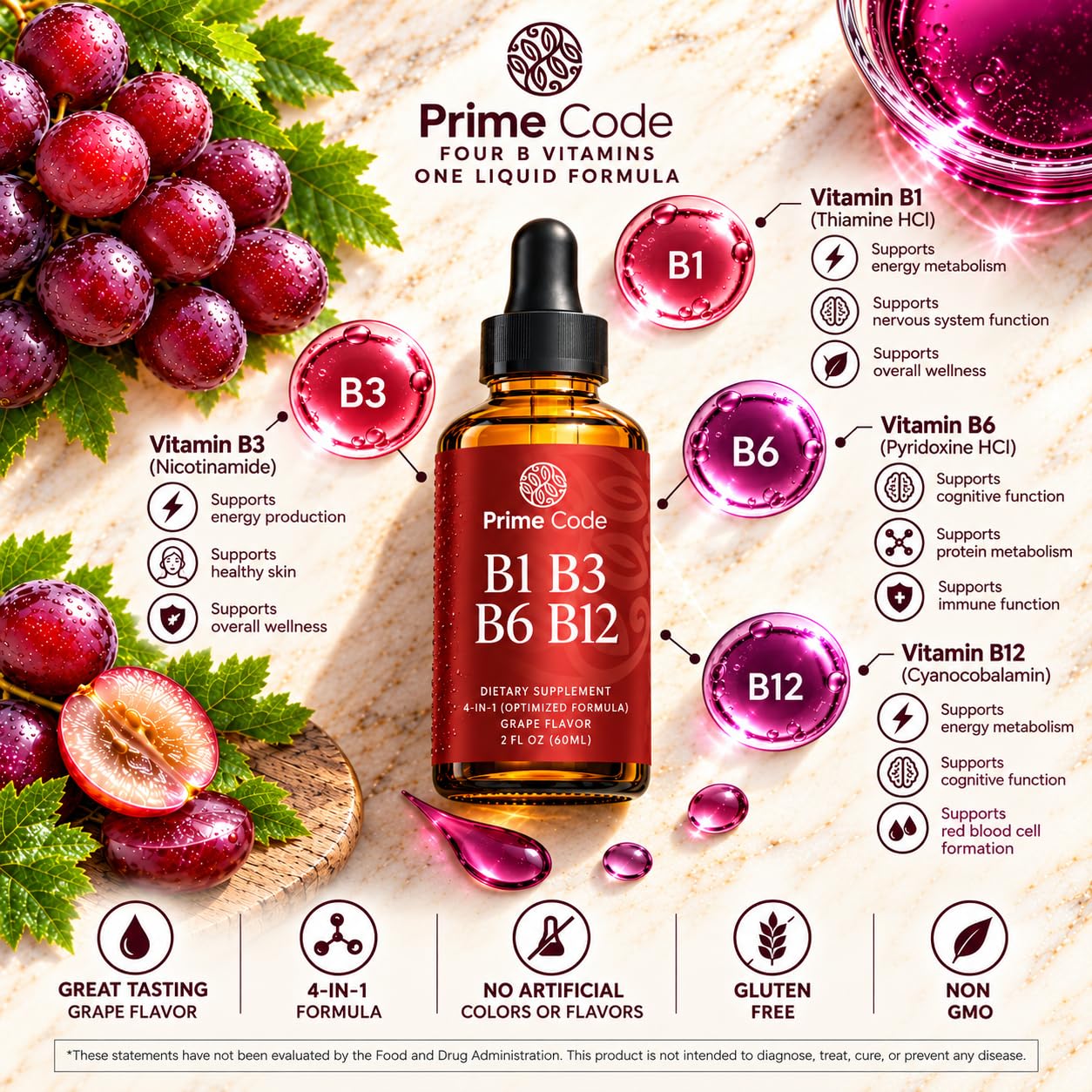 Prime Code Liquid Vitamin B1 Drops with Vitamin B3 B6 & B12 | B Complex Liquid Supplement | Thiamine Supplement for Adults | High Absorption | Immune Support | Non-GMO | Gluten-Free — Amazon image 2