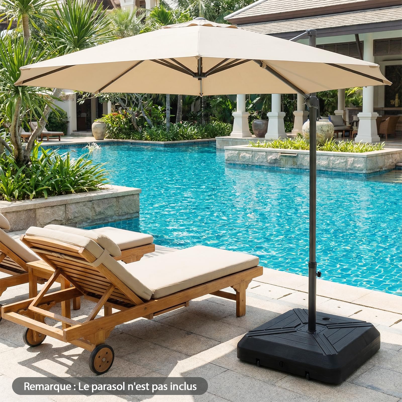 COSTWAY Pied de Parasol Déporté avec 2 roulettes, Support Parasol en HDPE, Rempli de 156 kg Sable&Eau/125 kg Sable/78 kg Eau, Barre Transversale, Base pour Jardin Piscine Terrasse, 81 x 81 x 19 cm