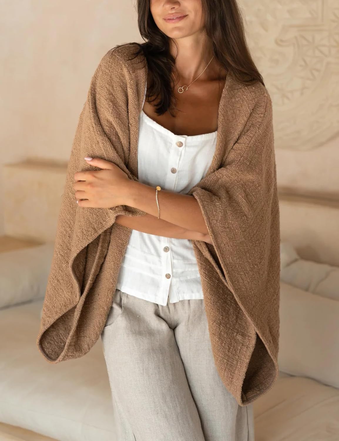 Women Linen Lightweight Cardigan Open Front 3/4 Sleeve Shawls Wraps Shrug Jackets Kimono Poncho Loose Cover Ups