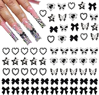 190 pcs 3D Nail Charms and Gems Set, 40 pcs Black Nail Charms, 100pcs Nail Bows Charms and 50pcs Heart Charms For for Nail Art DIY Decoration with Pickup Tools, Black.