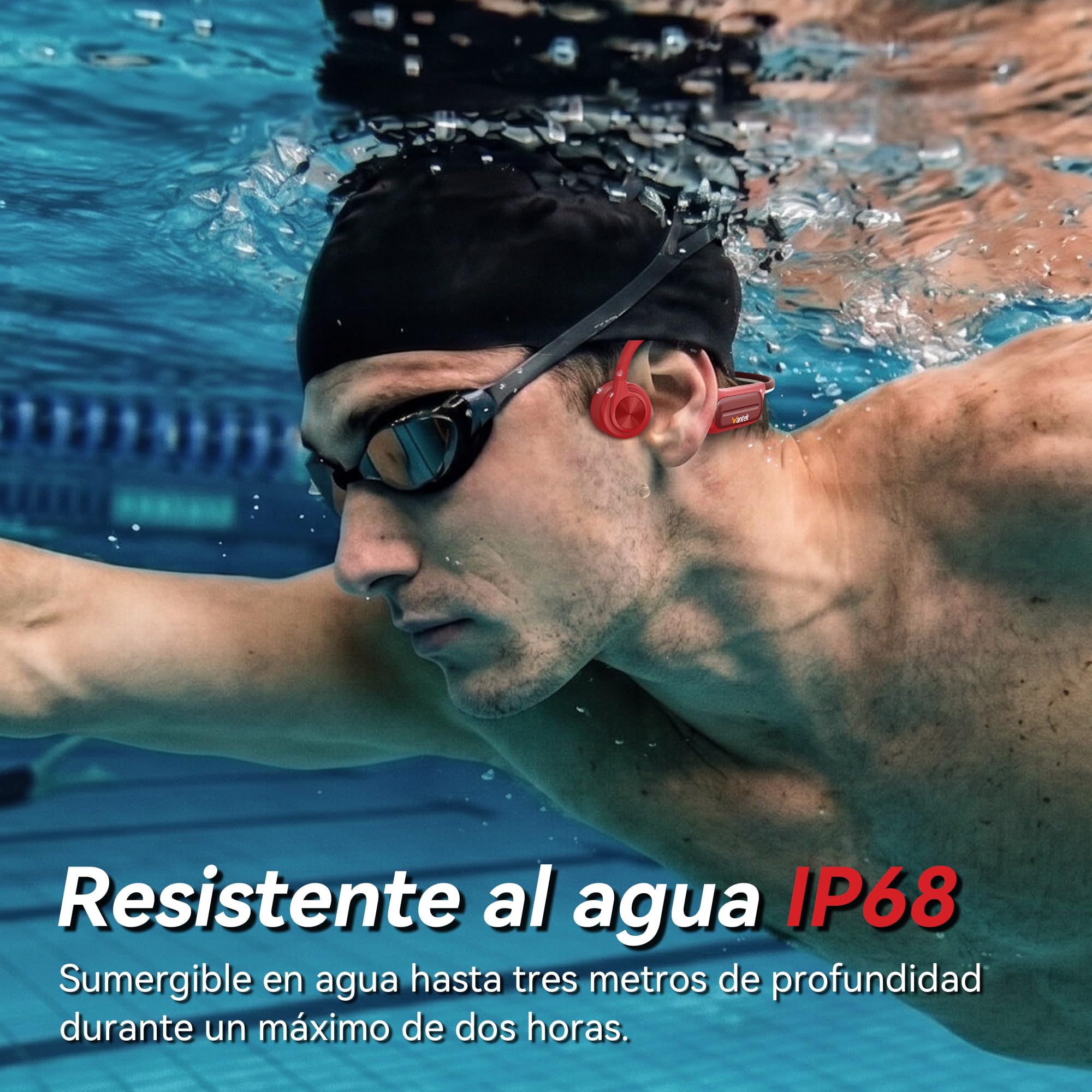 Wantek Auriculares de Conducción Ósea IP68 Impermeables para Natación, Bluetooth 5.3 con MP3 Integrado de 32GB, Auriculares Deportivos Open Ear para Nadar, Correr, Ciclismo y Fitness, 8H