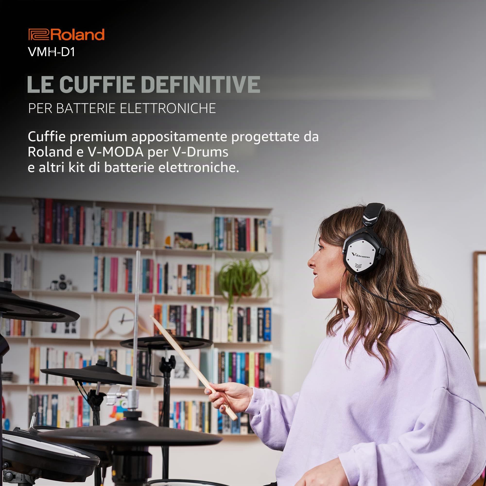 Roland VMH-D1 Cuffie per V-Drums | Progettate da Roland & V-Moda per le V-Drums & Tutte le Batterie Elettroniche | Suono Immersivo | Massimo Comfort | Cavo Lungo Per Suonare Senza Intoppi