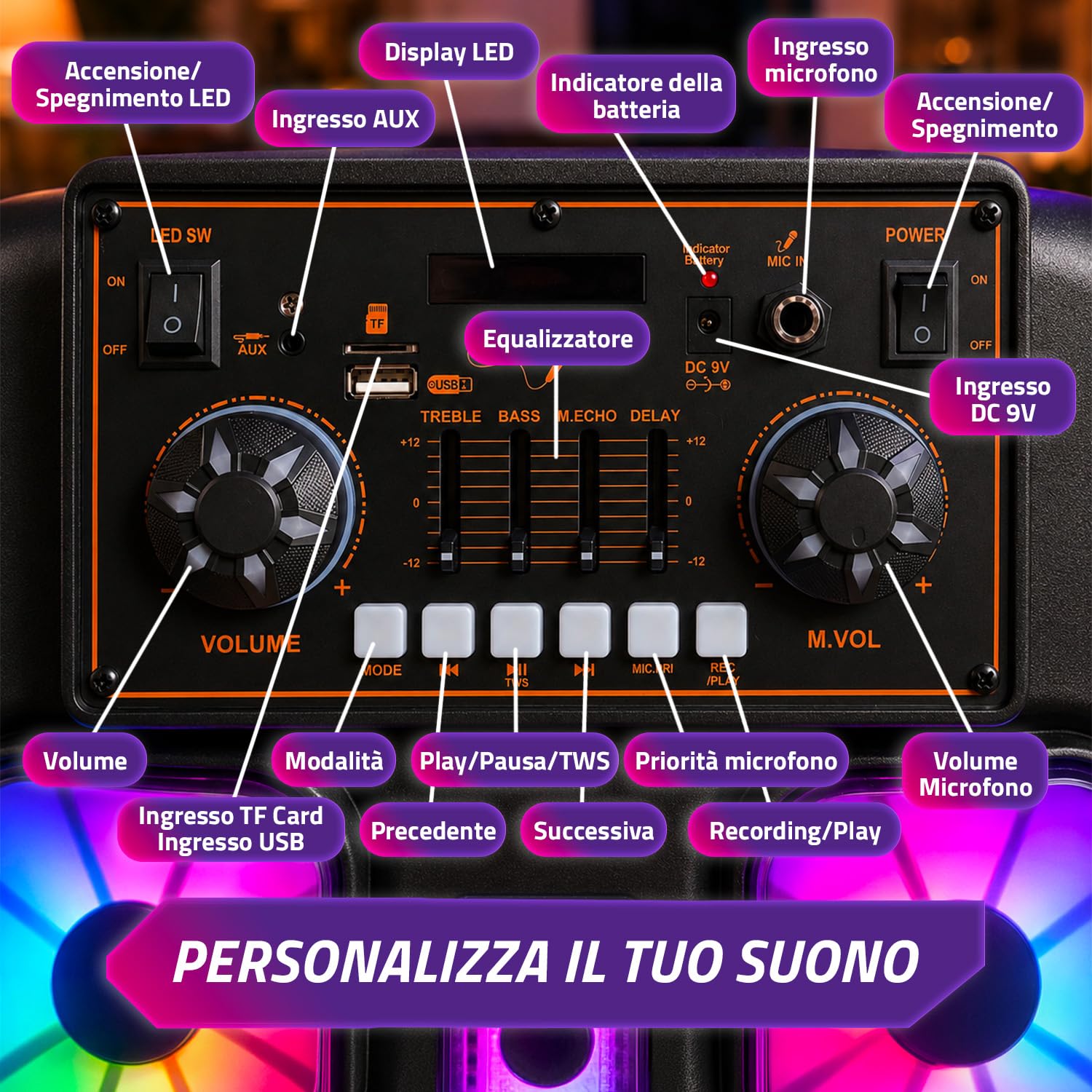 Avilia – Boîtier Bluetooth 800 W avec microphones sans fil, lumières LED RVB et télécommande | Haut-parleur portable puissant pour karaoké et fête, batterie rechargeable jusqu'à 8 heures d'autonomie