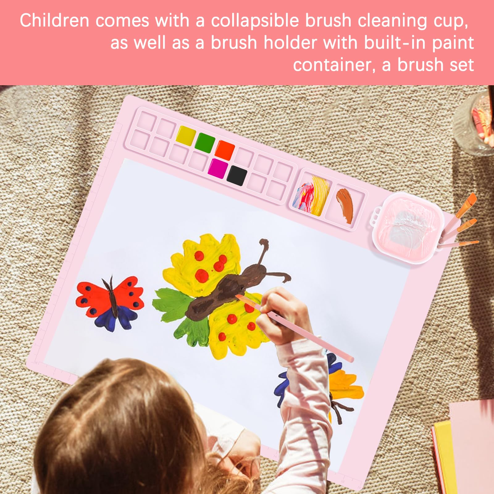 Tapis Peinture Silicone 51x41 Cm Avec Tasse Pliable Et Porte-Pinceaux - Idéal Enfants Et Artistes