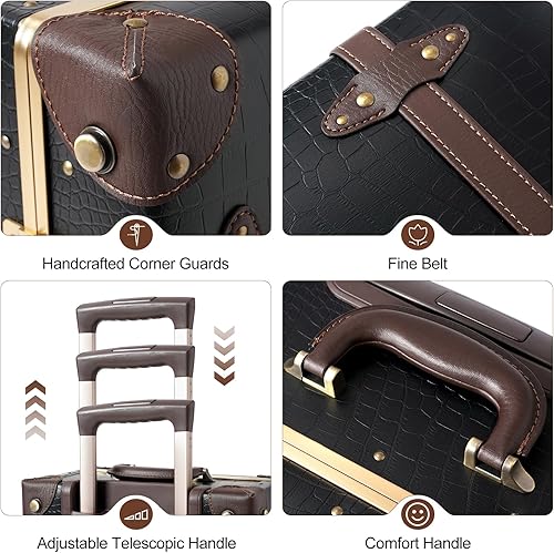 Miniatura 8 de urecity Juego de 2 maletas vintage, maleta retro con ruedas para hombres y mujeres, lindo juego de equipaje de viaje de diseñador con bolsa de