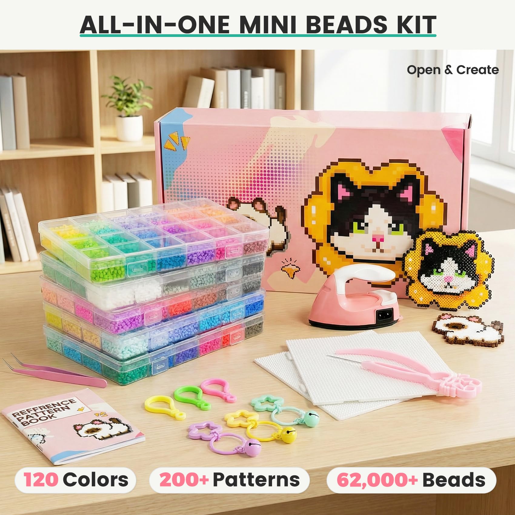 TXGSDXS Kit de Cuentas para Planchar 62000 Piezas 2,6 mm, 120 Colores – Cuentas Fusibles con Tableros, Patrones, Papel de Planchar, Pinzas y Accesorios, Manualidades DIY y Arte Creativo