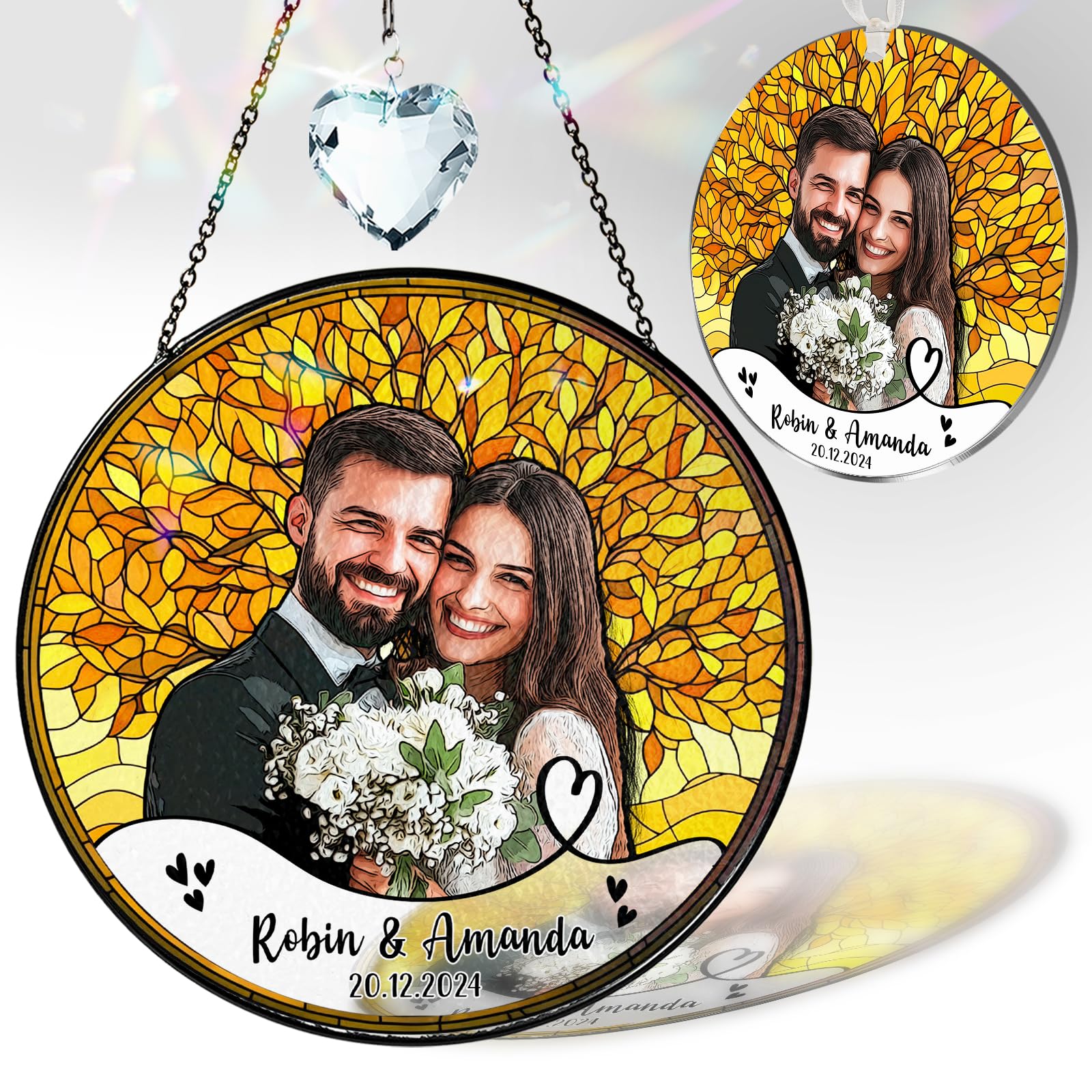 Personalized Photo Faux Stained Glass, Wedding Gift for Couple 2025, Crystal Suncatcher Window Hanging Gifts for Newlywed, Mr and Mrs Gifts, Married Decorations Bride Shower Valentine's Day Keepsake