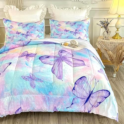 CVHOUSE Juego de edredón de mariposa tamaño King para niñas y mujeres, juego de ropa de cama de mariposa, juego de cama de mariposas, juego de