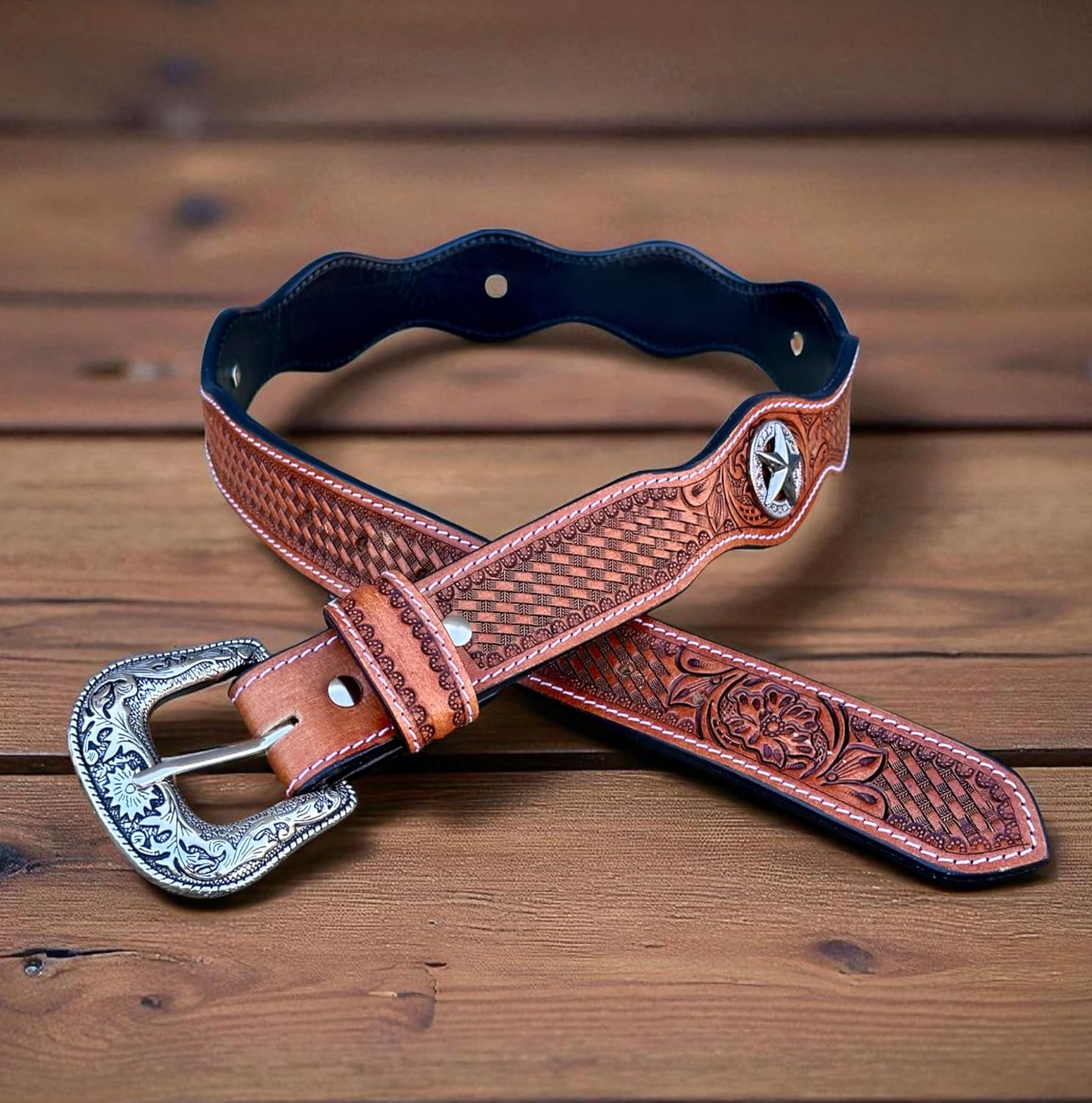 DANIEL'S ARTPLANET Men's Western Leather Belt Handmade Full Grain Leather Tooled Cowboy Belt with Removable Buckle 1.5”