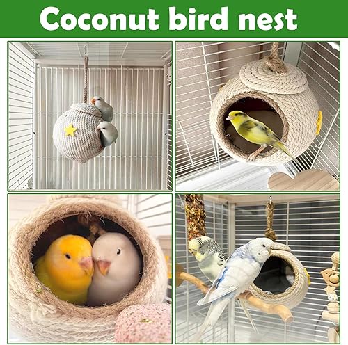 Vista 9 de Tfwadmx Casa colgante para pájaros con escalera, fibra de coco natural, nido de pájaros, conchas de coco, escondite, agapornís, columpio, juguetes