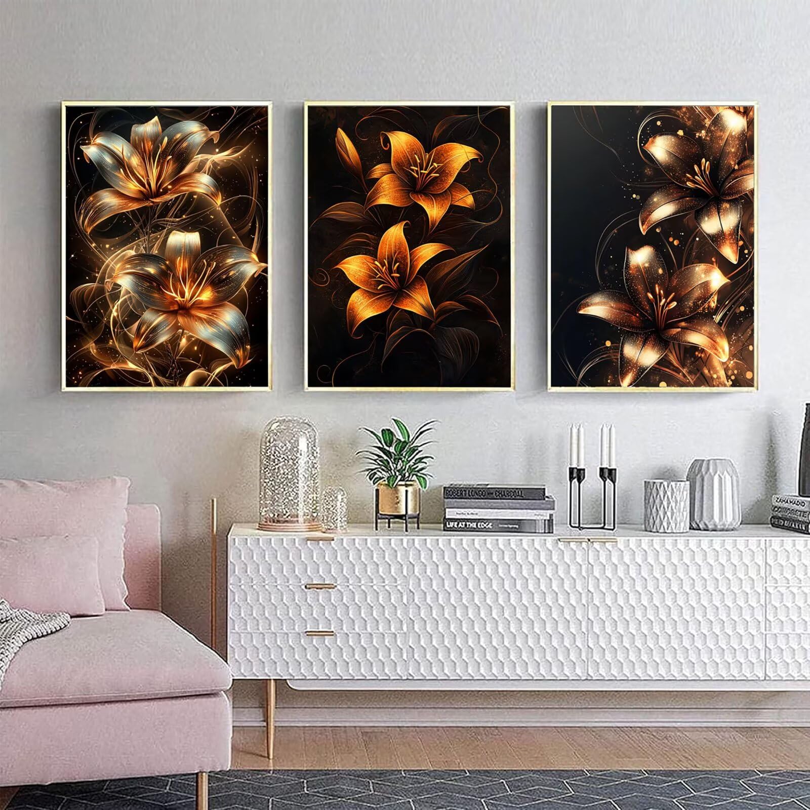 Cnyaunfi 3 Pezzi Fiore Pittura Diamante Fai-Da-Te, 5D Nero Diamond Painting Kit Completo per Hobby Creativi Adulti, Pittura Diamante Artigianale Per La Decorazione Della Parete Di Casa 60x80cm YF-3418