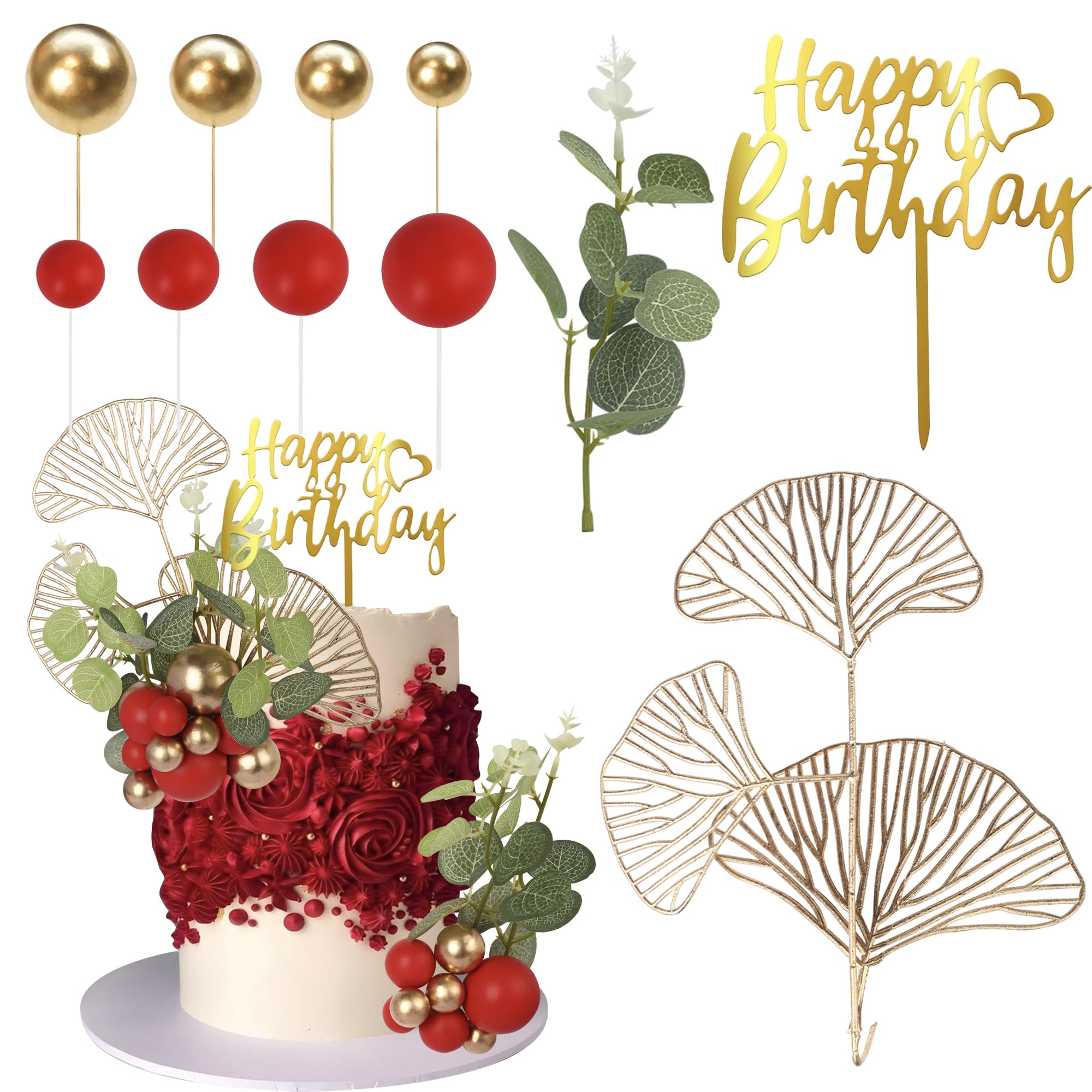 SYKYCTCY 31 Pack Ball Cake Toppers Ball Cake Picks Happy Birthday Cake Decoration Balls Palm Leaves Bohemian Balls Boho Cake Decoration Party Supplies