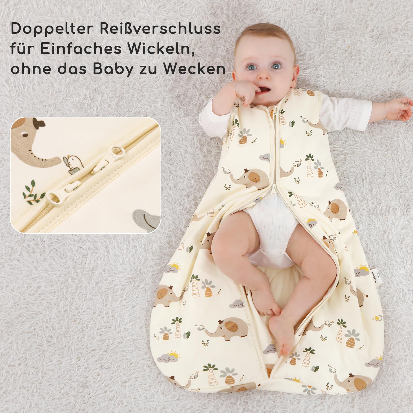 Besuche den Yukkidds- 2er Pack Schlafsack Baby 1.5 TOG, 100% Baumwolle Babyschlafsack Neugeborene im 0-6 Monate, Perfekte für Frühling Herbst Winter (Beiger Elefant) in use