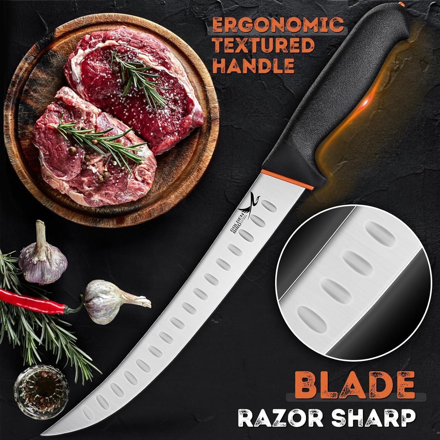 Golden Bird Butcher Knife Set - 4 Piece Professional BBQ Knife Set Include 6" Boning, 6" Skinning, 10" Butcher Breaking Knives & 8" Sharpener Rod, Christmas Gifts for Men Women - Image 3