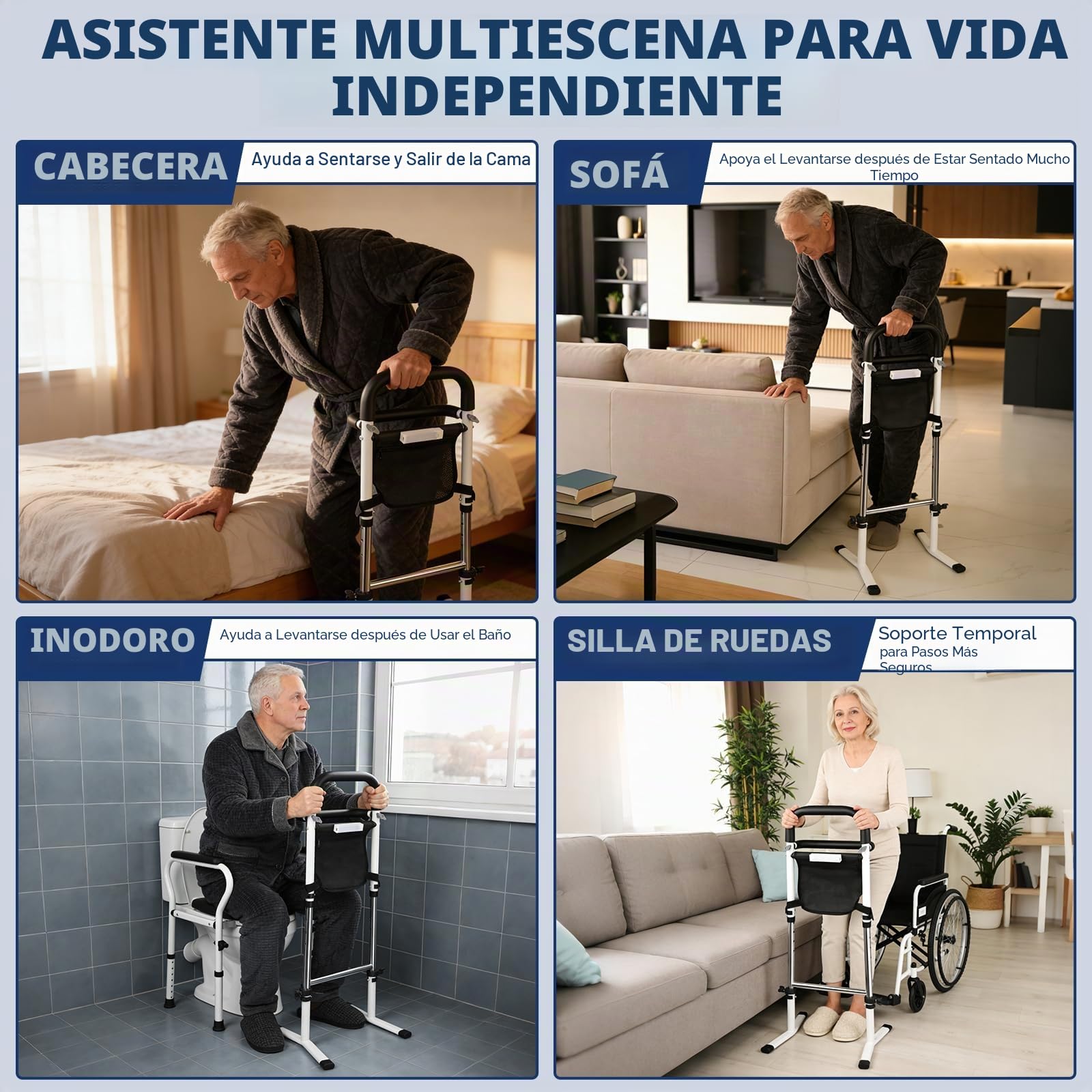 Soporte de Ayuda para Levantarse para Personas Mayores con Barandales Duales, Ayuda de Pie con Luz con Sensor y Bolsa, Altura Ajustable (72-87cm), para Inodoro, Cama y Sofá, Capacidad 136kg