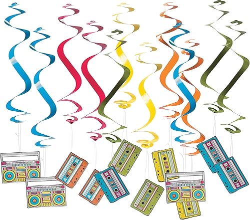 Fun Express Decoraciones colgantes de remolinos Totally 80 – Decoración de fiesta de 1980 – Suministros para la escuela bíblica de vacaciones VBS –