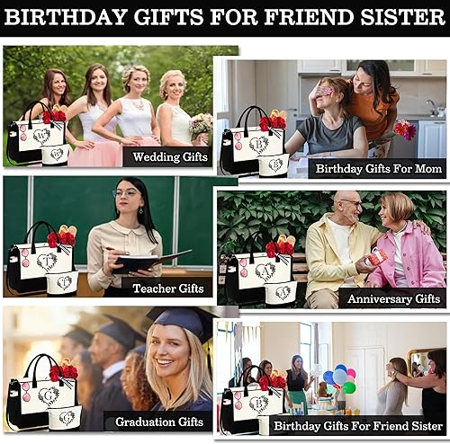 Miniatura 8 de YOOLIFE Bolsa de lona con inicial, bolsa de playa con cremallera, bolsa de maquillaje, regalo de cumpleaños, día de San Valentín, para mujeres,