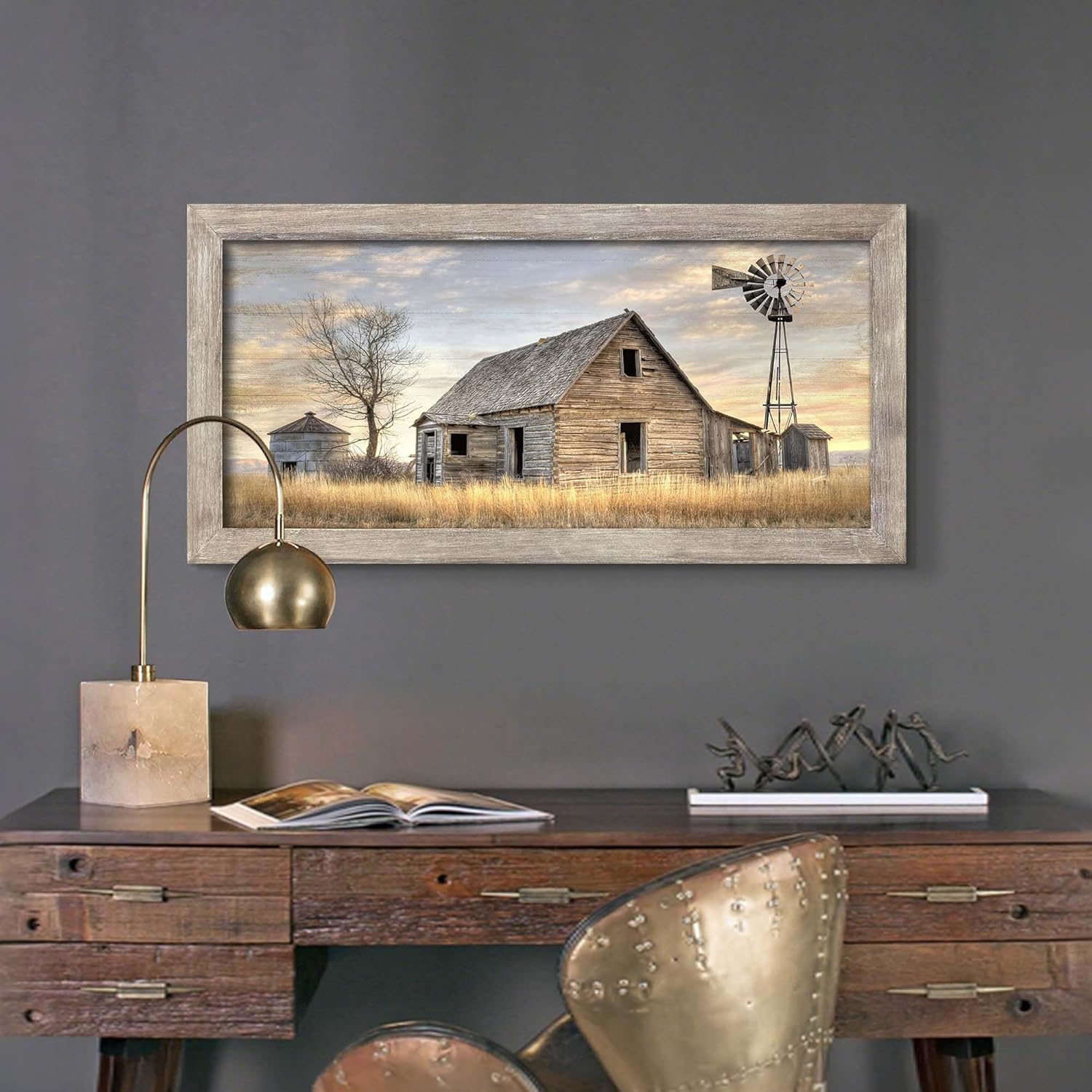 Sunset Farmhouse Framed Wall Art: Weathered Barn Picture Prints Countryside Windmill Painting Rustic Wooden Artwork for Bedroom Country Home Decor