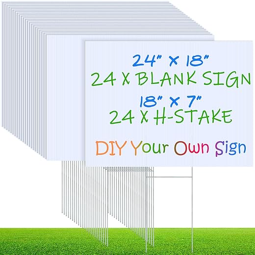 Timgle 24 Set Blank Yard Sign and H Metal Stakes Large White Corrugated Plastic Signage 18 x 24 Inch Visibility Garden Lawn Signs for Yard Sales Graduation Political Lawn Party Decoration and Estate