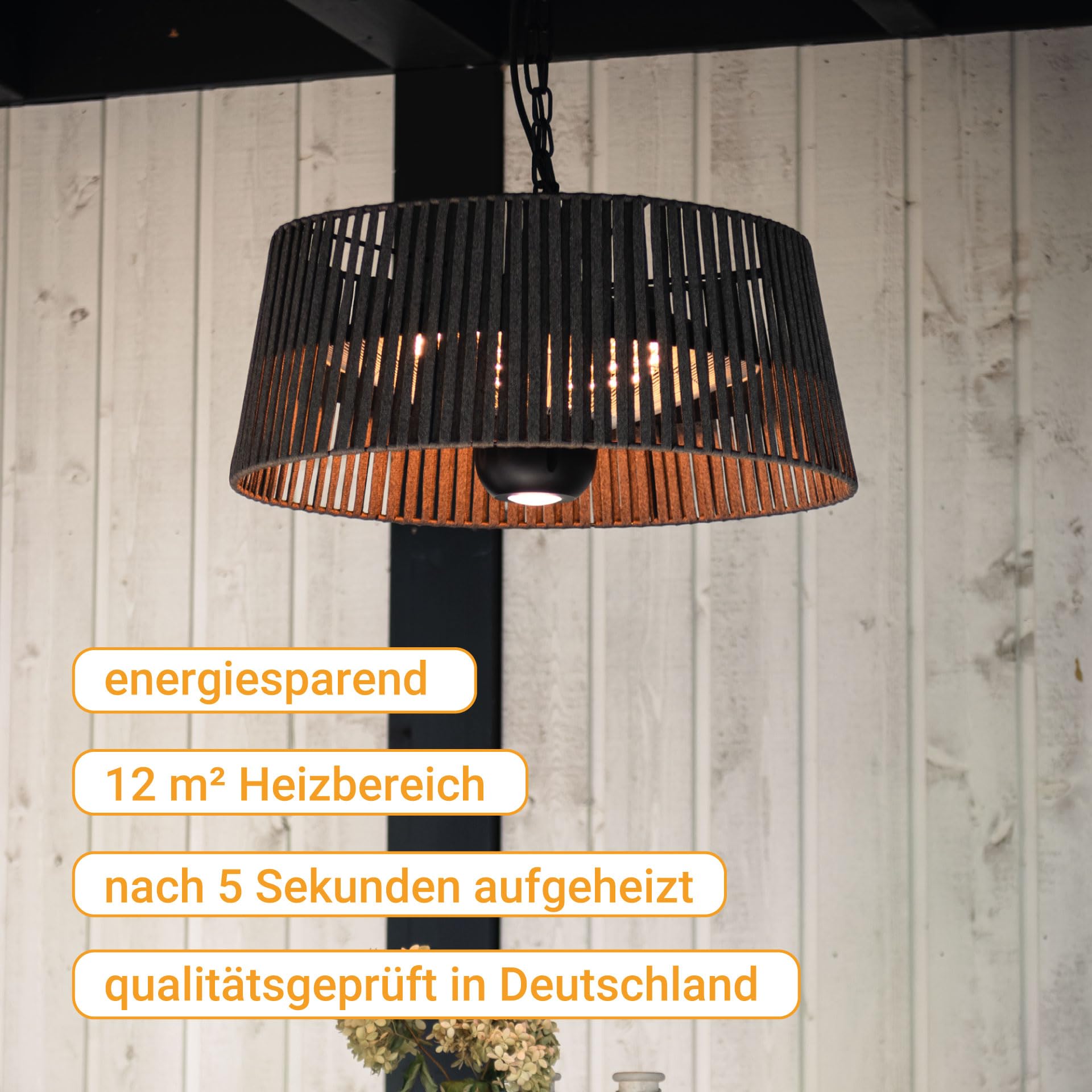 SUNRED Infrarot-Hängeheizstrahler Terasse braun mit OLEFIN-Schirm und LED-Lampe Deckenmontage 1800 W - Terrassenheizer außen 3 Heizstufen, Fernbedienung Deckenmontage widerstandsfähiges Olefin-Gewebe
