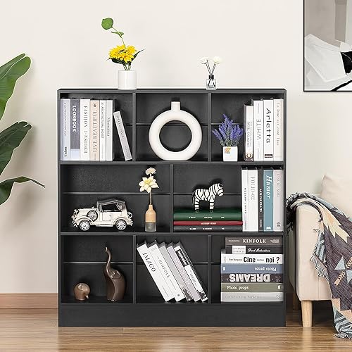 Miniatura 8 de YAHARBO Black Wide Bookshelf,3 Tier Modern Horizontal Bookcase,Wood Low Bookshelves Display Storage Cabinet with Base,Floor Standing 8 Cube Large