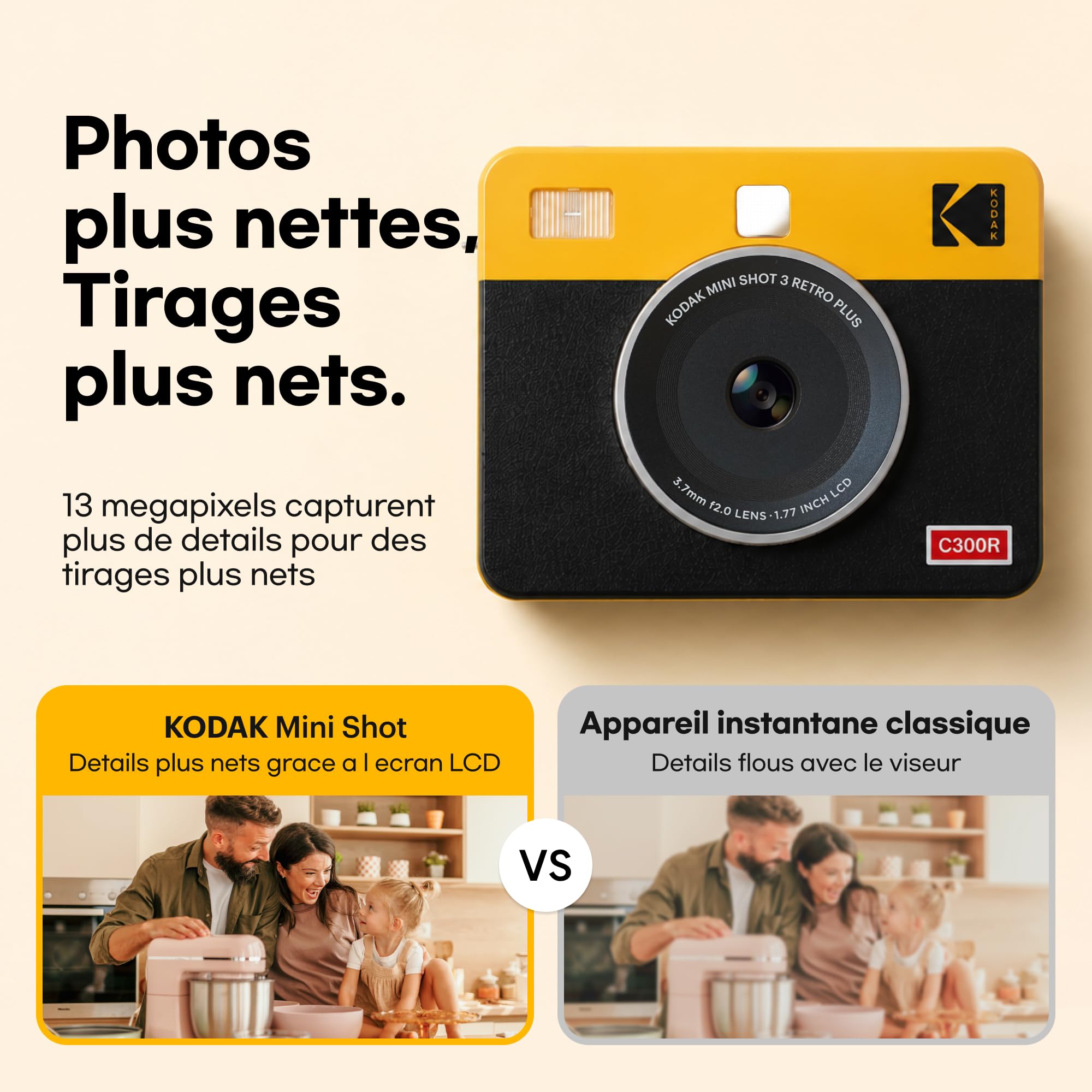 KODAK Mini Shot 3 Retro Fotocamera Istantanea 7,6x7,6cm, 8 Fogli, Bianco | Bluetooth, iPhone e Android, fotocamera 13 MP, anteprima, resistente ad acqua, impronte e scolorimento