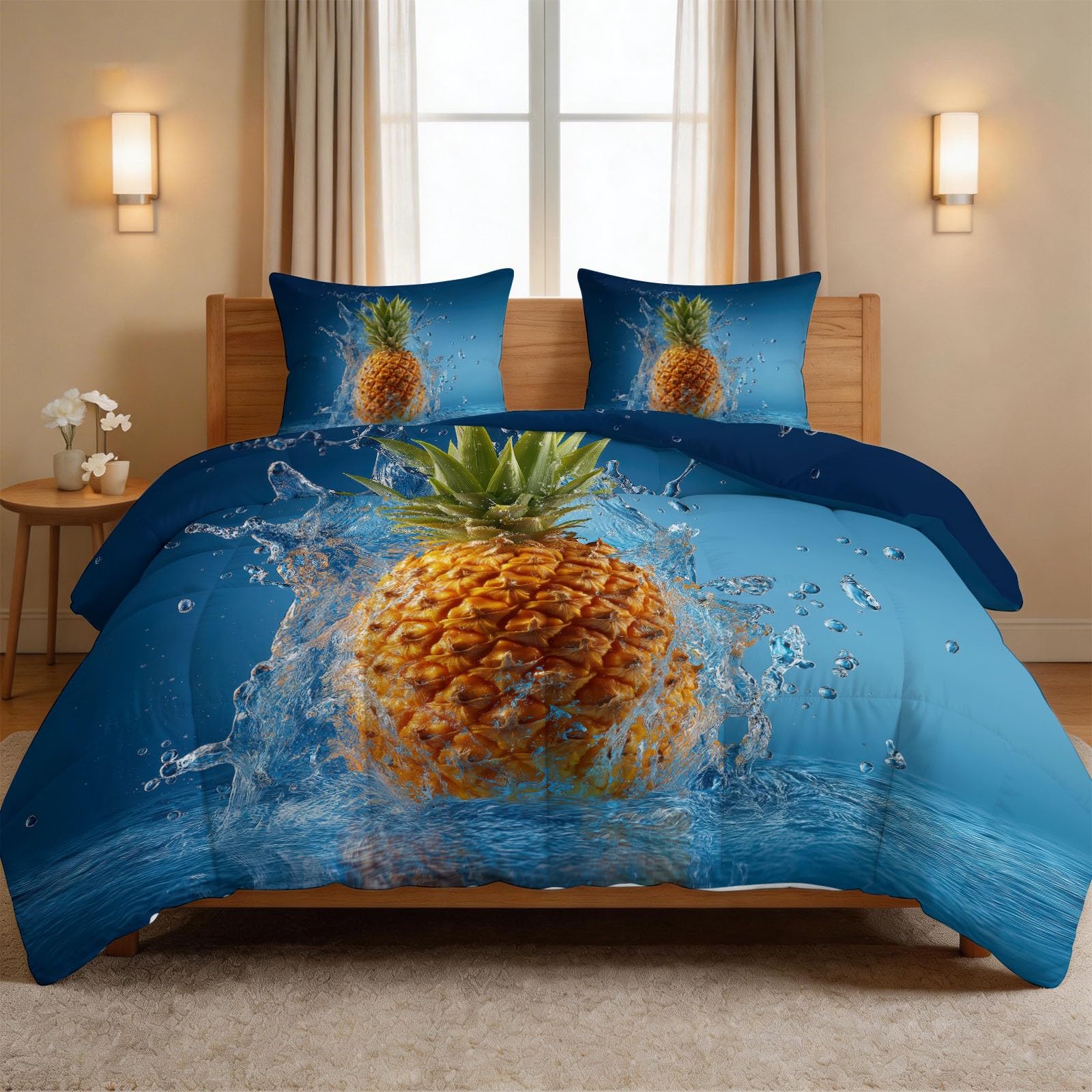 Kołdra bez poszewki 260 x 220 cm, pikowana kołdra na 4 pory roku – nowoczesna, tropikalna, ananasowa, letnia kołdra całoroczna – nadaje się do prania, oddychająca i ciepła i miękka pościel z 2