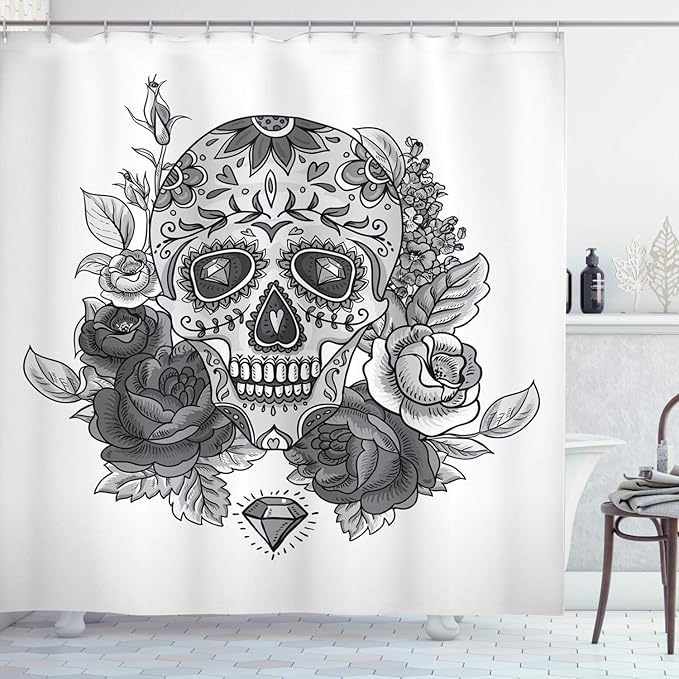 Ambesonne Sugar Skull Shower Curtain, Monochrome Skull with Roses Leaves and Diamond Shape Folklore Festival Print, Cloth Fabric Bathroom Decor Set with Hooks, 69
