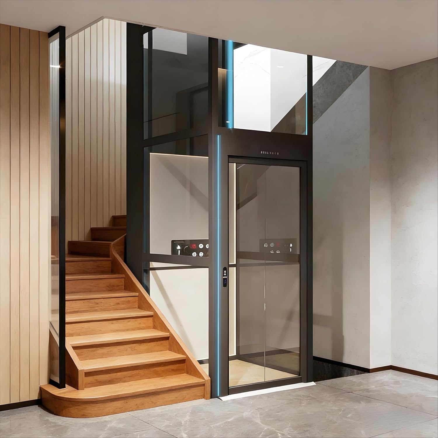 Home Elevator Residential Elevator Small Glass Indoor Villa House Elevator 2 Story 3 Floor 4 Floor Shaftless No Pit Space Saving Panoramic Quiet Home Lift for Private Duplex Residential House Use