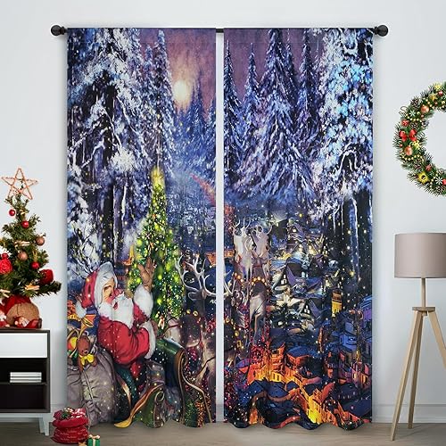 Miniatura 8 de Cortinas de árboles de Navidad para sala de estar, cortinas de tratamiento de ventanas con aislamiento térmico, cortinas de oscurecimiento con