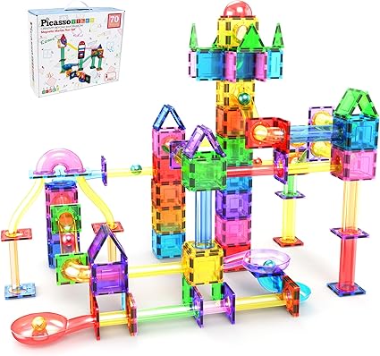 PicassoTiles 70pc Marble Run Magnetic Tiles STEM Set for Kids Ages 3 and Older Magnet Tile Marbles Maze Building Blocks Brain Development Toy Preschool Educational Learning Construction Playset PTG70