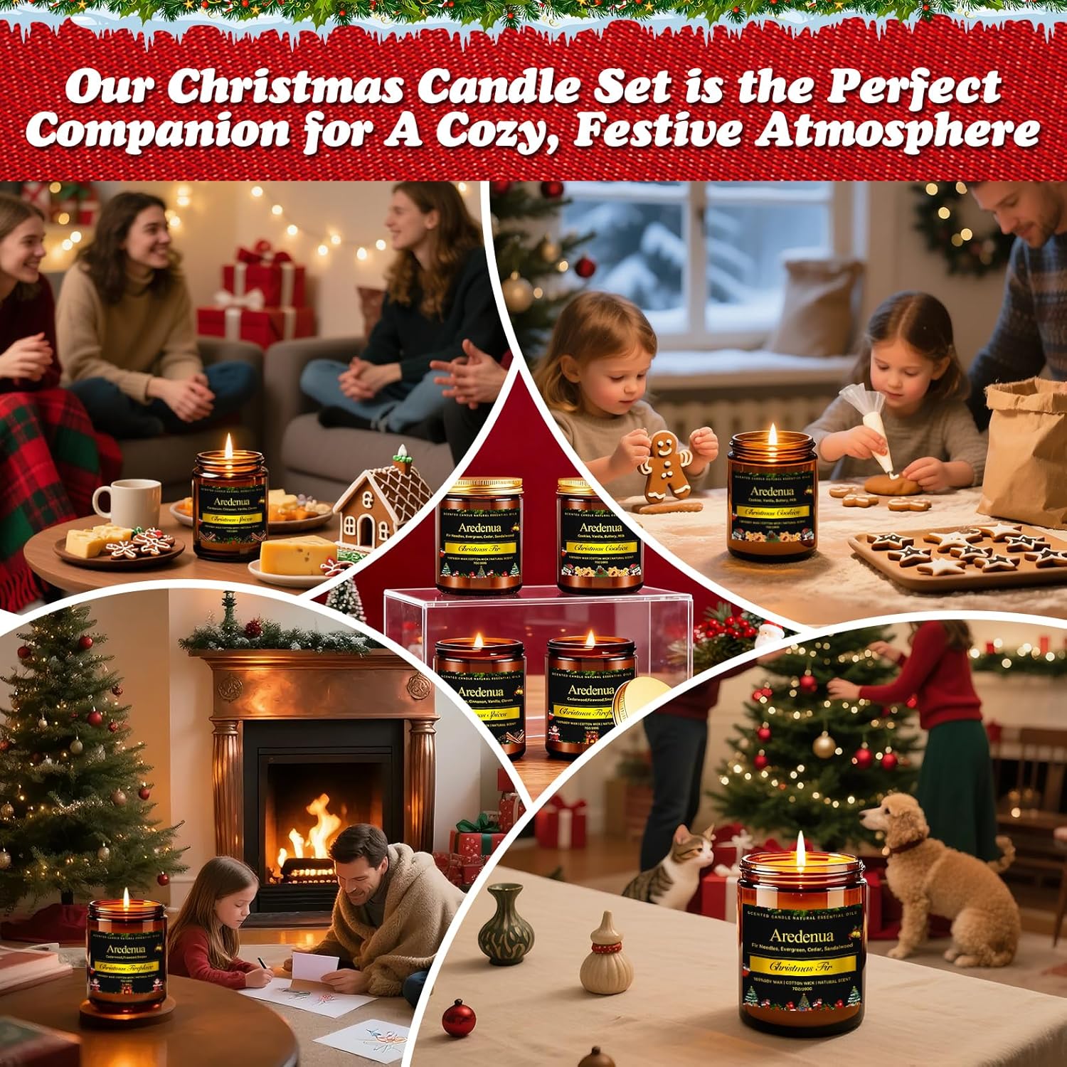 Holiday Candles Set | 4 Pack Holiday Scented Candles, Hand Poured Soy Candles for Home Scented - Non-Toxic Candle Gifts for Women and Men - Scents of Fir/Spices/Cookies/Fireplace
