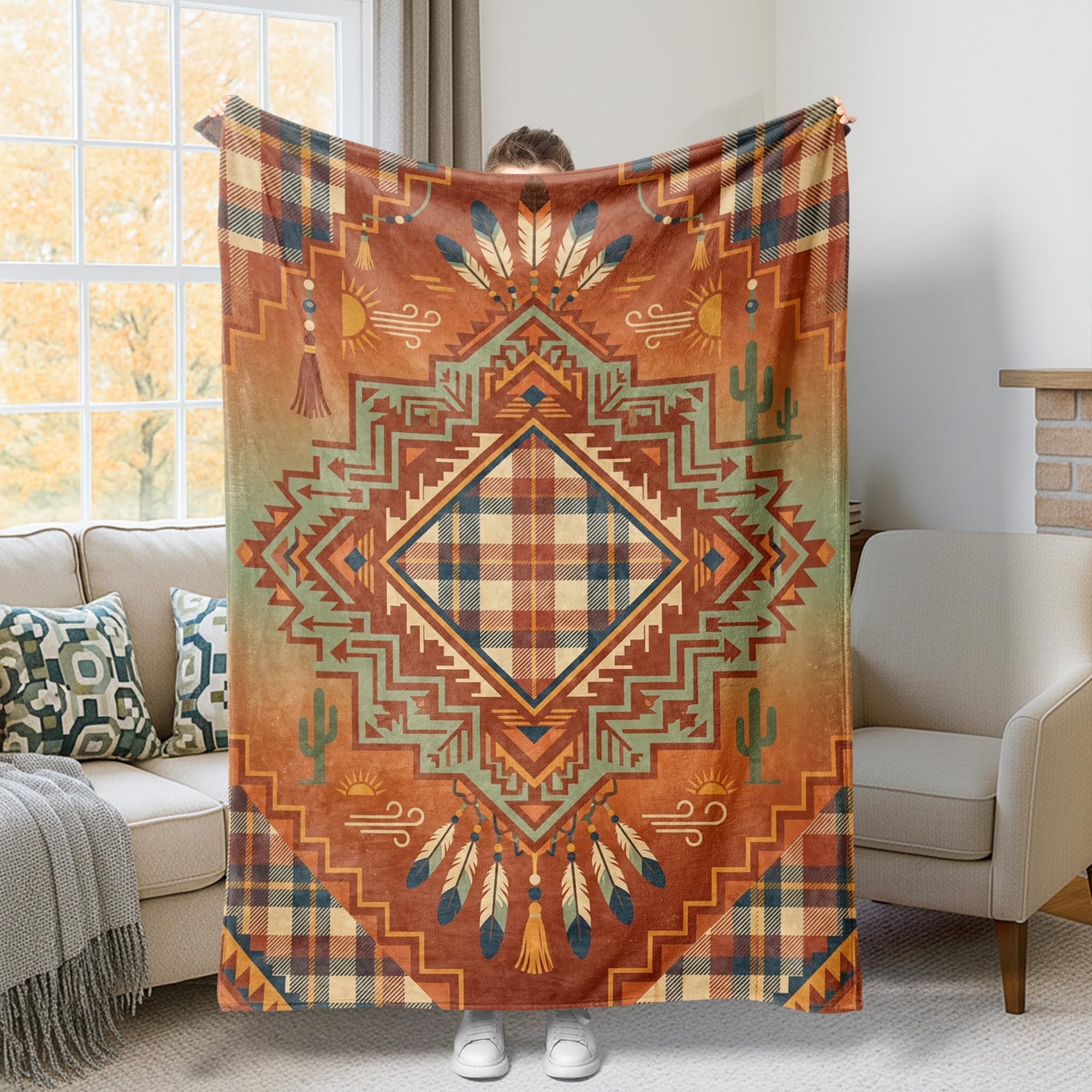 Couverture en peluche 152x203cm au motif plumes tribales