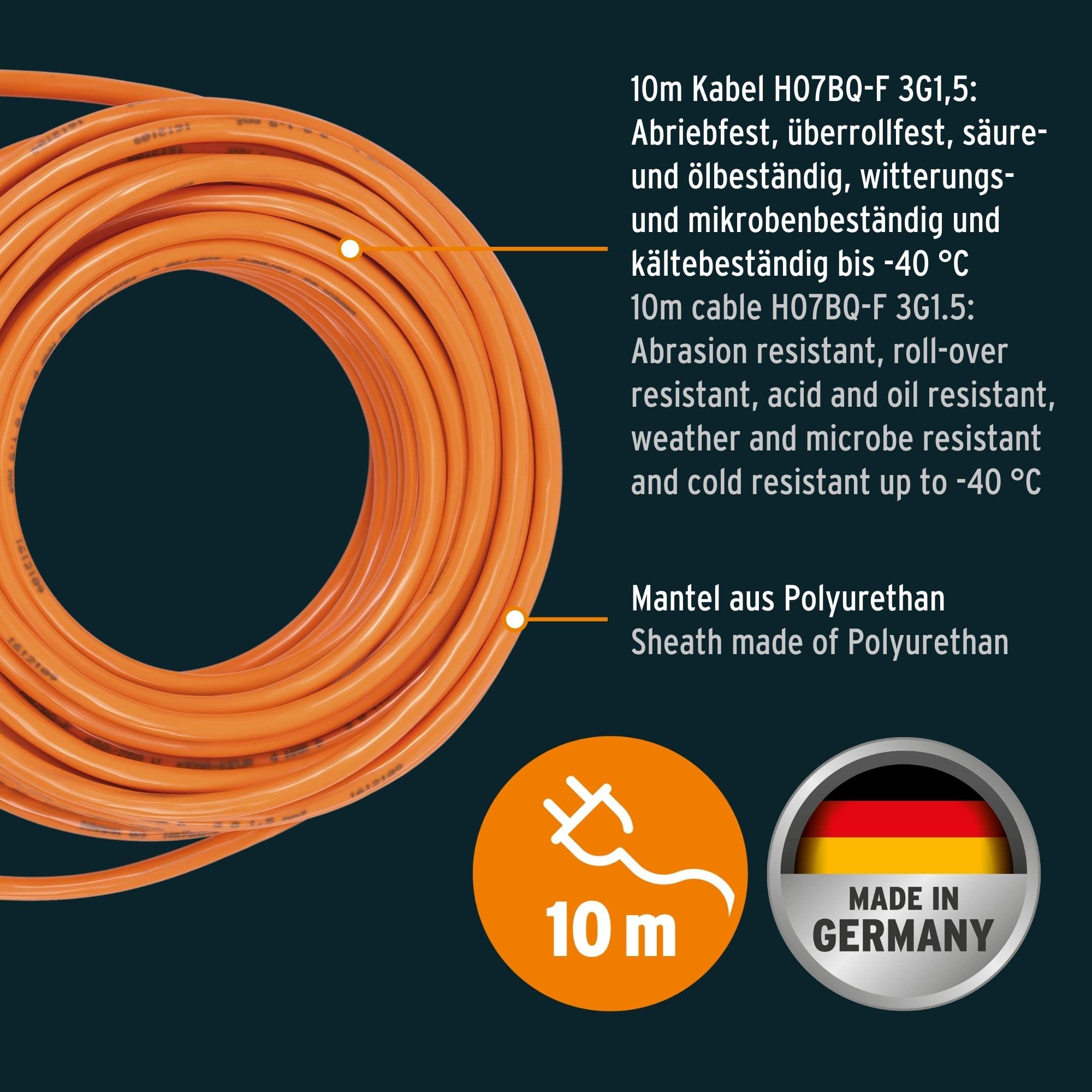 Brennenstuhl professionalLINE Verlängerungskabel VQ 1100 IP44 (10m Kabel H07BQ-F 3G1,5 in orange, Baustelleneinsatz und ständiger Einsatz im Freien, BGI 608, Made in Germany)
