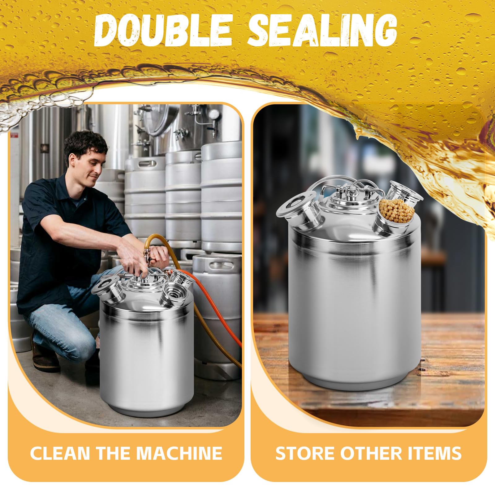 Barril de limpieza de cerveza de acero inoxidable de 10 l, 3 cabezales de limpieza con tapa, incluye pinchos A, S, G, dispositivo de limpieza de cerveza para grifo de cerveza de 10 L, acero inoxidable